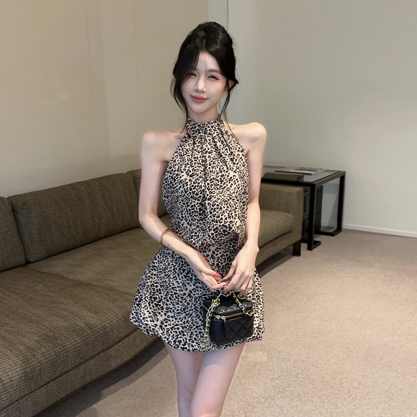 정가 섹시함 순수한 욕망 핫걸 휴가 바람 행침 목 스트랩 백리스 꽃밭 드레스 허리 수축 슬림해 보이는 레오파드 무늬 미니 스커트 상세 이미지 11