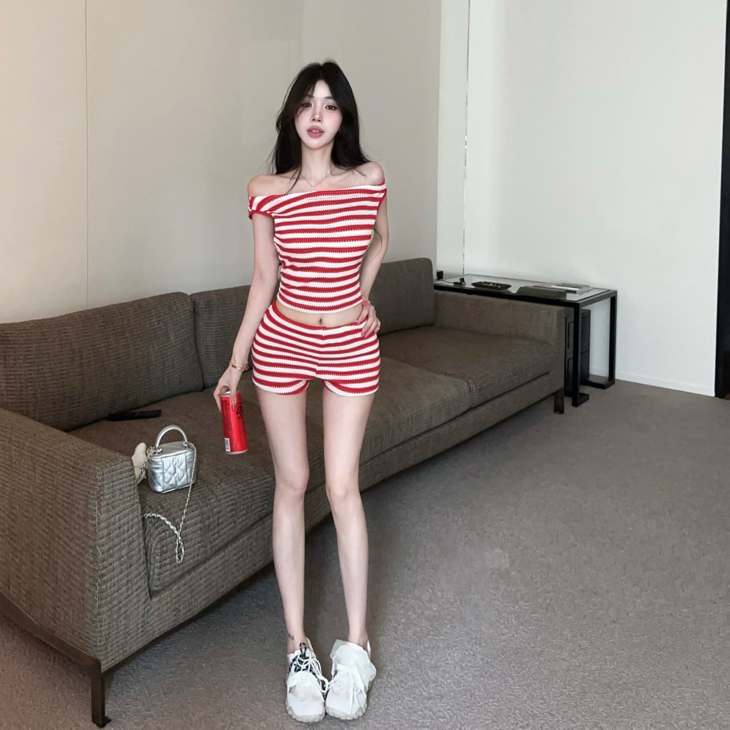 정가 순수한 욕망 핫걸 비스듬한 어깨 스트라이프 니트 조끼 허리밴드 스트레이트 반바지 캐주얼 휴가 스포츠 슈트 상세 이미지 10