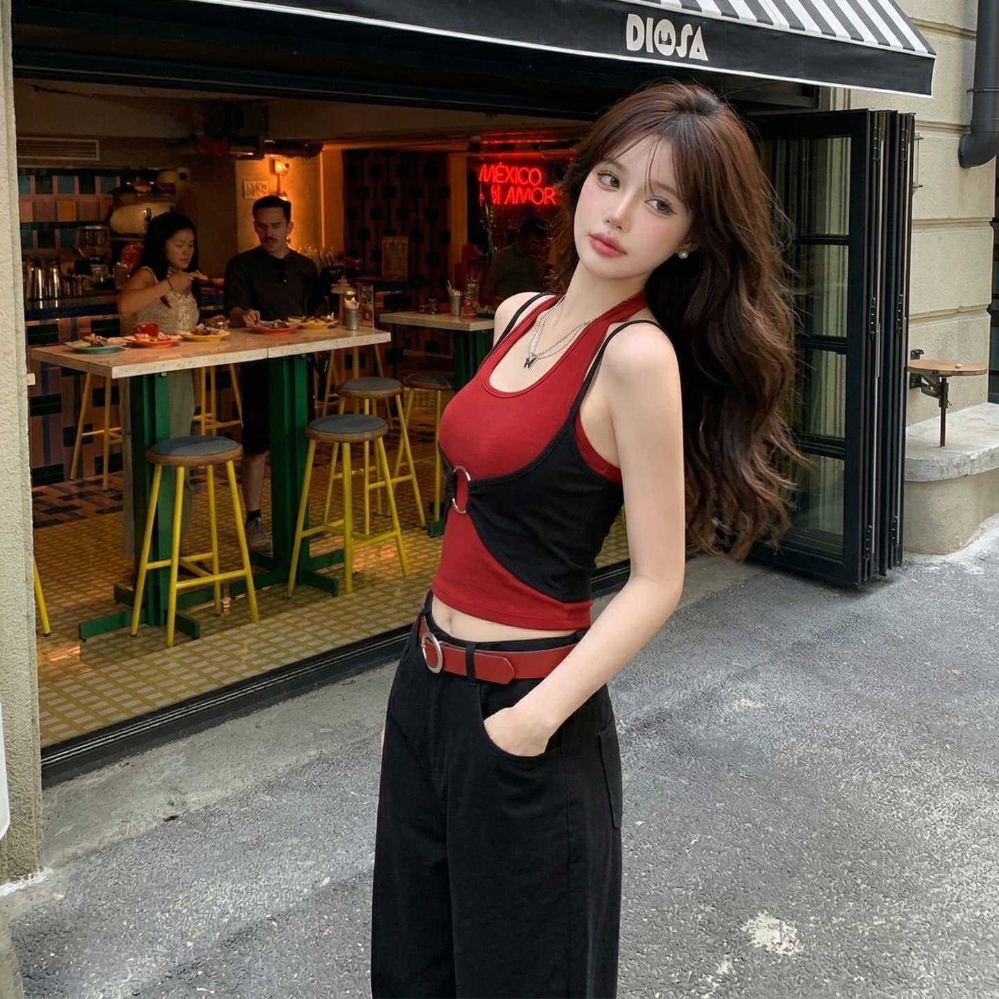 정가 섹시함 핫걸 캐주얼 휴가 작은 슬링 조끼 벨트 가슴 패드 행침 목 백리스 페이크 레이어드 이슬 뼈의 맨위 상세 이미지 6