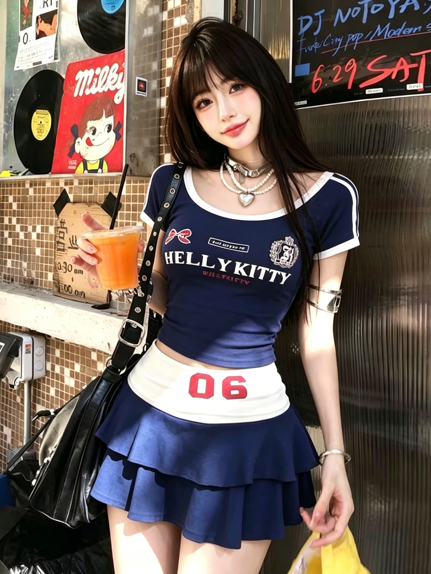 정가 아메리칸 레트로 알파벳 프린트 반팔 티셔츠 맨위 그룹 서비스 프릴 미니 스커트 캐주얼 스포츠 슈트 이미지 5