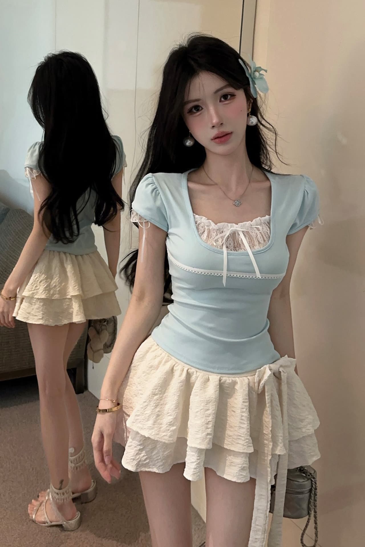 정가 캐주얼 휴가 거품 소매 소매 레이스 레이스 u 칼라 나비 매듭 맨위 신축성 몸매 가꾸기 허리 수축 티셔츠 이미지 7
