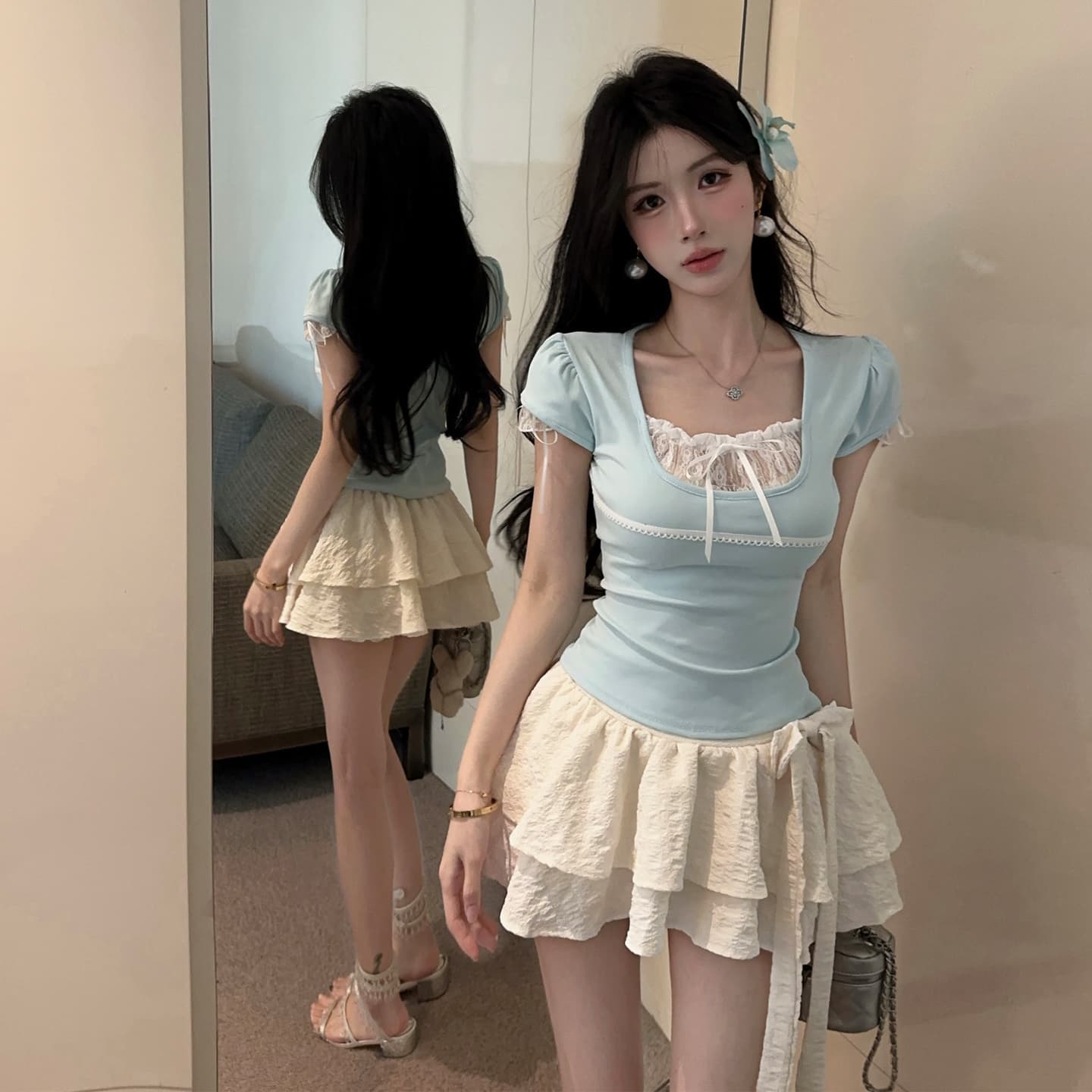 정가 캐주얼 휴가 거품 소매 소매 레이스 레이스 u 칼라 나비 매듭 맨위 신축성 몸매 가꾸기 허리 수축 티셔츠 상세 이미지 2