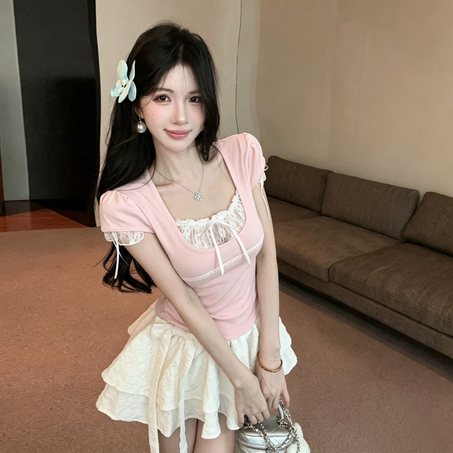 정가 캐주얼 휴가 거품 소매 소매 레이스 레이스 u 칼라 나비 매듭 맨위 신축성 몸매 가꾸기 허리 수축 티셔츠 상세 이미지 13