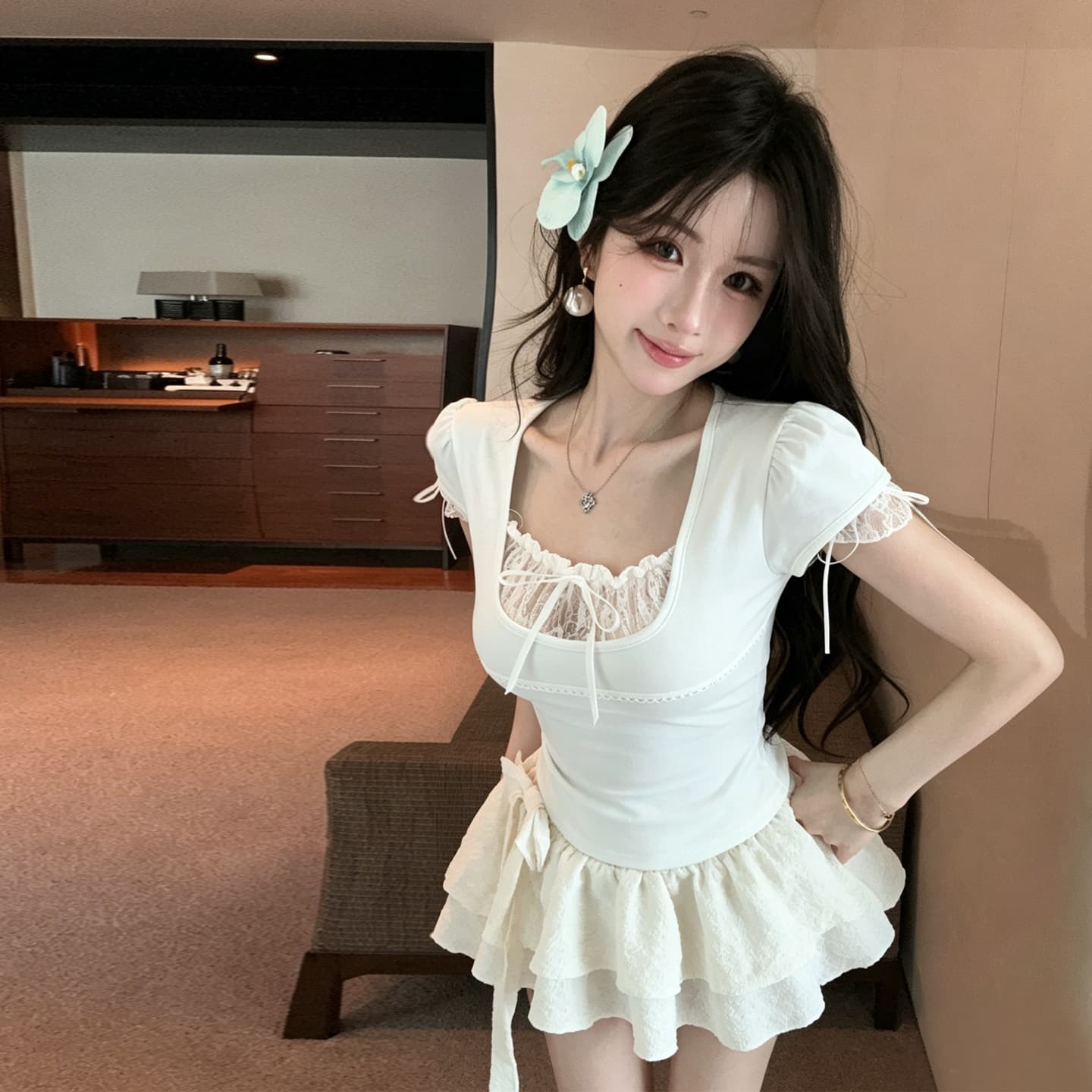 정가 캐주얼 휴가 거품 소매 소매 레이스 레이스 u 칼라 나비 매듭 맨위 신축성 몸매 가꾸기 허리 수축 티셔츠 상세 이미지 19