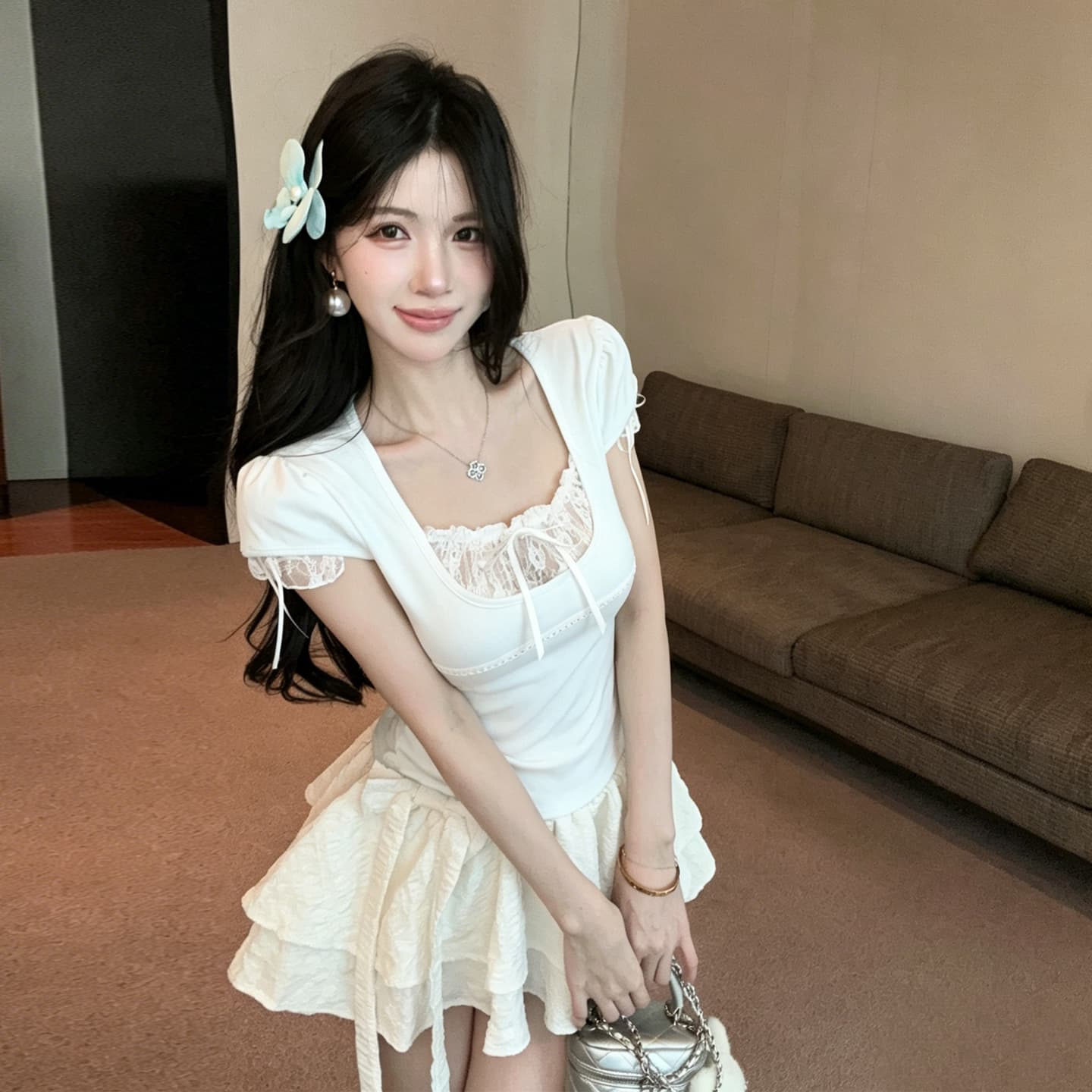정가 캐주얼 휴가 거품 소매 소매 레이스 레이스 u 칼라 나비 매듭 맨위 신축성 몸매 가꾸기 허리 수축 티셔츠 상세 이미지 20