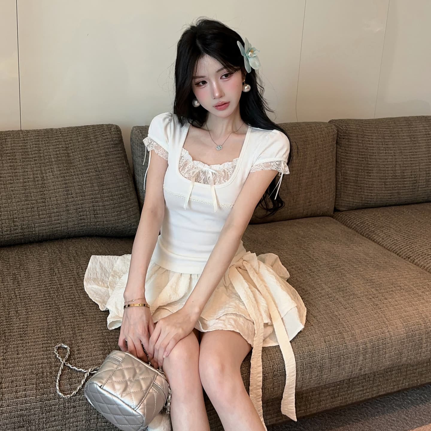 정가 캐주얼 휴가 거품 소매 소매 레이스 레이스 u 칼라 나비 매듭 맨위 신축성 몸매 가꾸기 허리 수축 티셔츠 상세 이미지 21