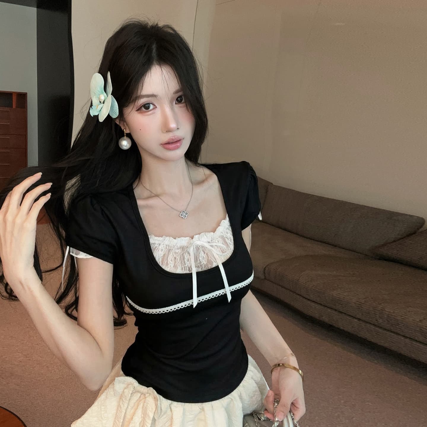 정가 캐주얼 휴가 거품 소매 소매 레이스 레이스 u 칼라 나비 매듭 맨위 신축성 몸매 가꾸기 허리 수축 티셔츠 상세 이미지 27