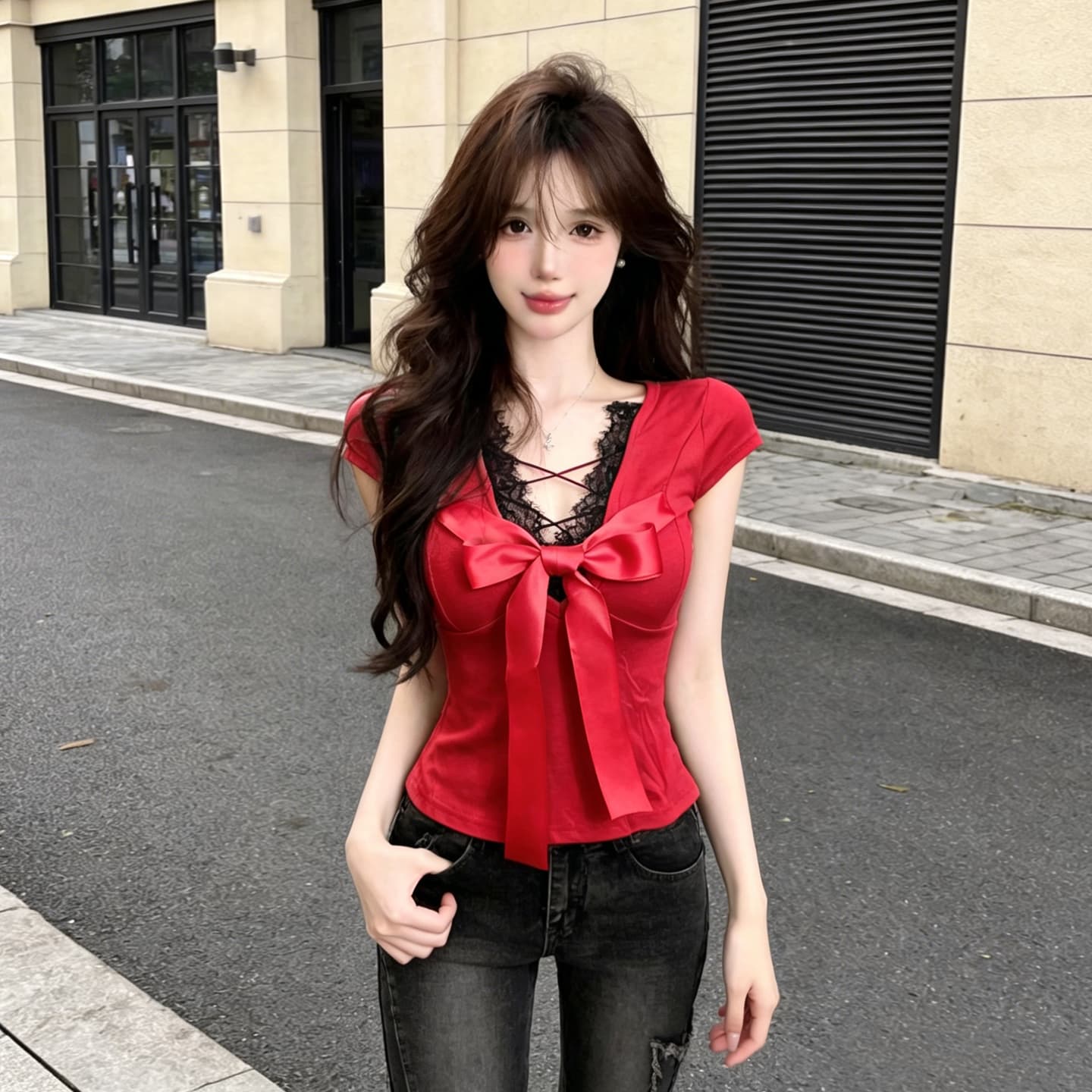 정가 섹시함 순수한 욕망 핫걸 레이스 V넥 나비 매듭 반팔 티셔츠 홀로우 아웃 백리스 휴가 바람 허리 수축 맨위 상세 이미지 15