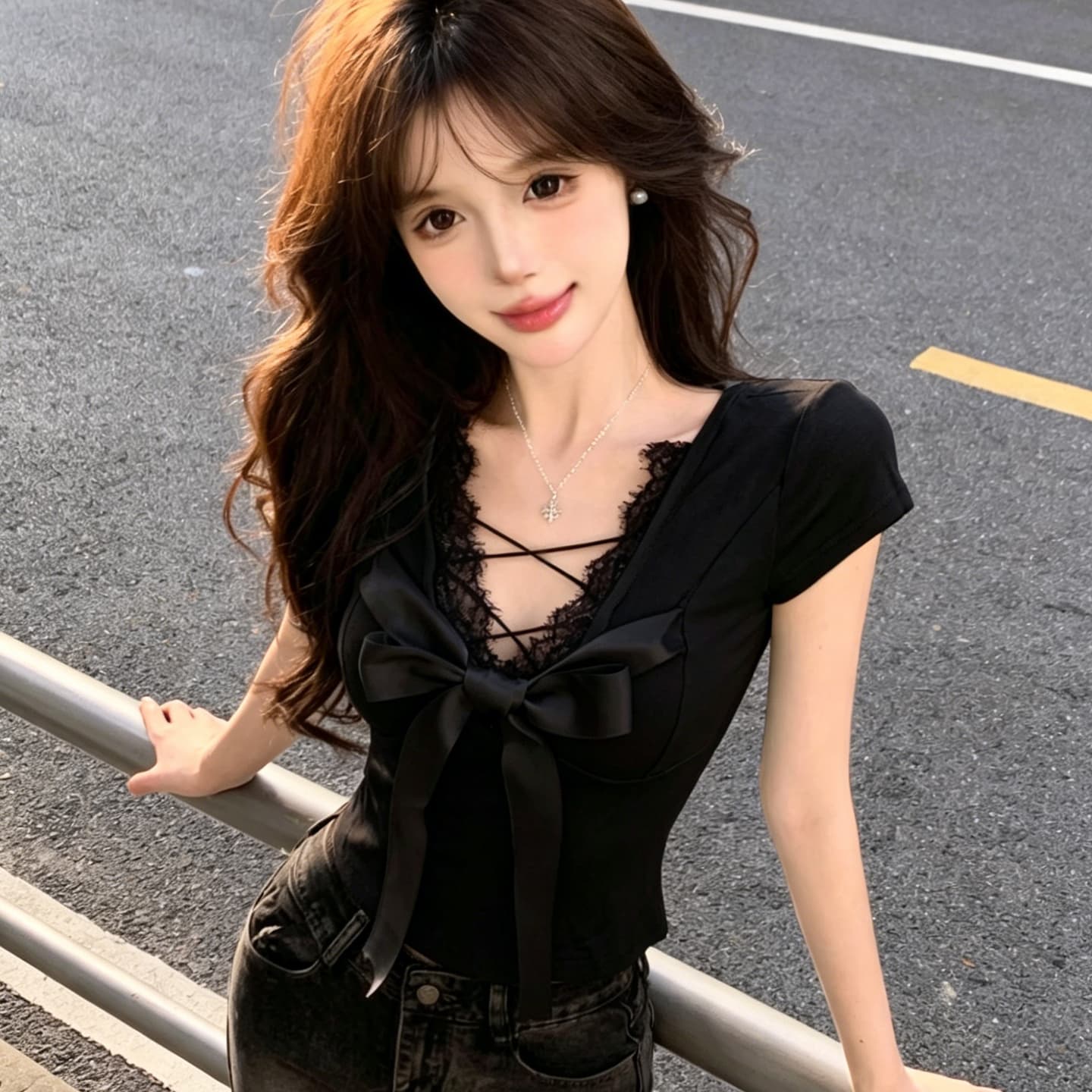 정가 섹시함 순수한 욕망 핫걸 레이스 V넥 나비 매듭 반팔 티셔츠 홀로우 아웃 백리스 휴가 바람 허리 수축 맨위 상세 이미지 19