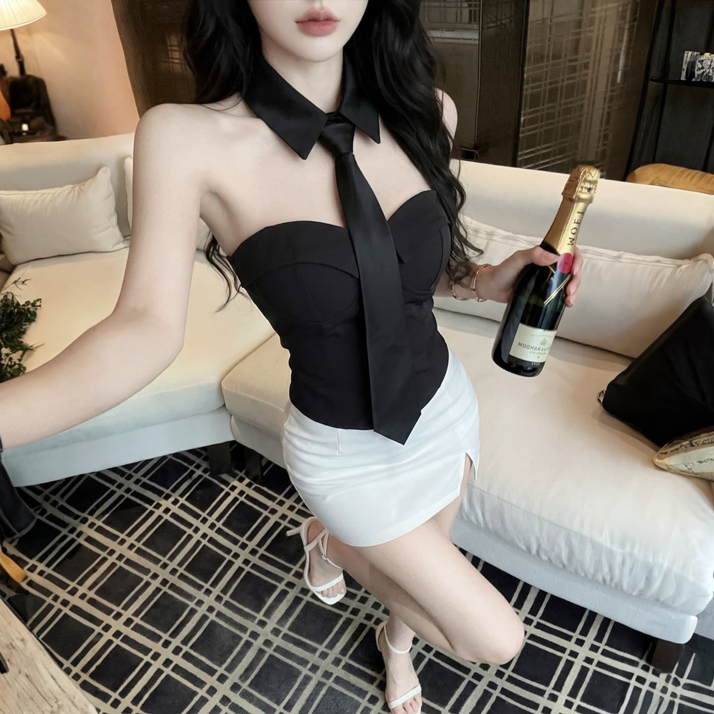 실사 섹시함 순수한 욕망 핫걸 벨트 가슴 패드 튜브탑 조끼 보트넥 오프숄더 아름다움 뒤로 포장 가슴 맨위 경기 넥타이 상세 이미지 11