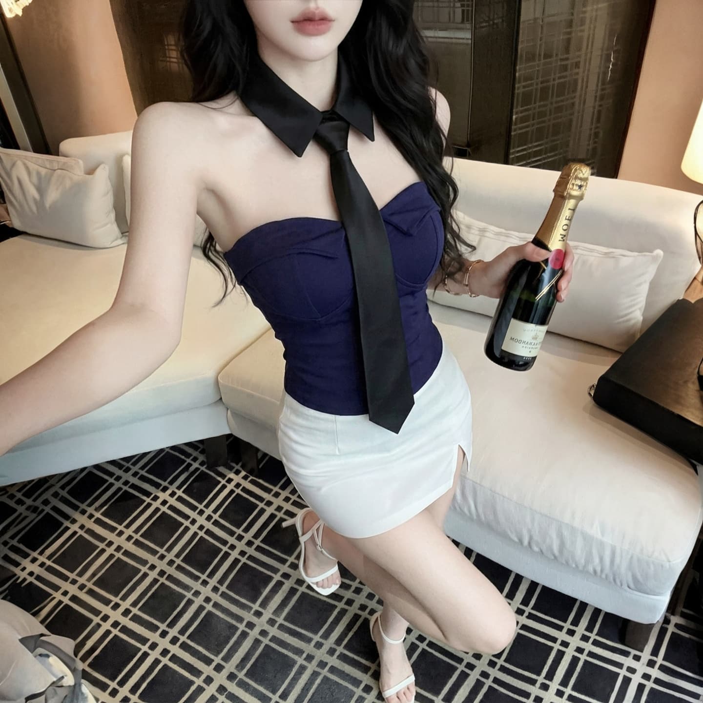 실사 섹시함 순수한 욕망 핫걸 벨트 가슴 패드 튜브탑 조끼 보트넥 오프숄더 아름다움 뒤로 포장 가슴 맨위 경기 넥타이 상세 이미지 13