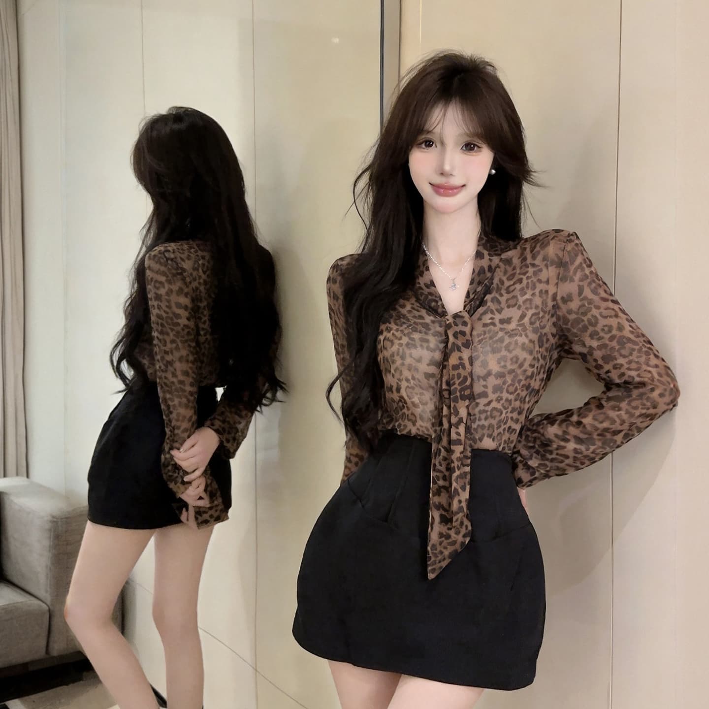 정가 순수한 욕망 핫걸 V넥 레이스업 레오파드 무늬 긴팔 쉬폰 셔츠 하이웨이스트 생선뼈 정장 타이트 스커트 미니 스커트 세트 상세 이미지 1