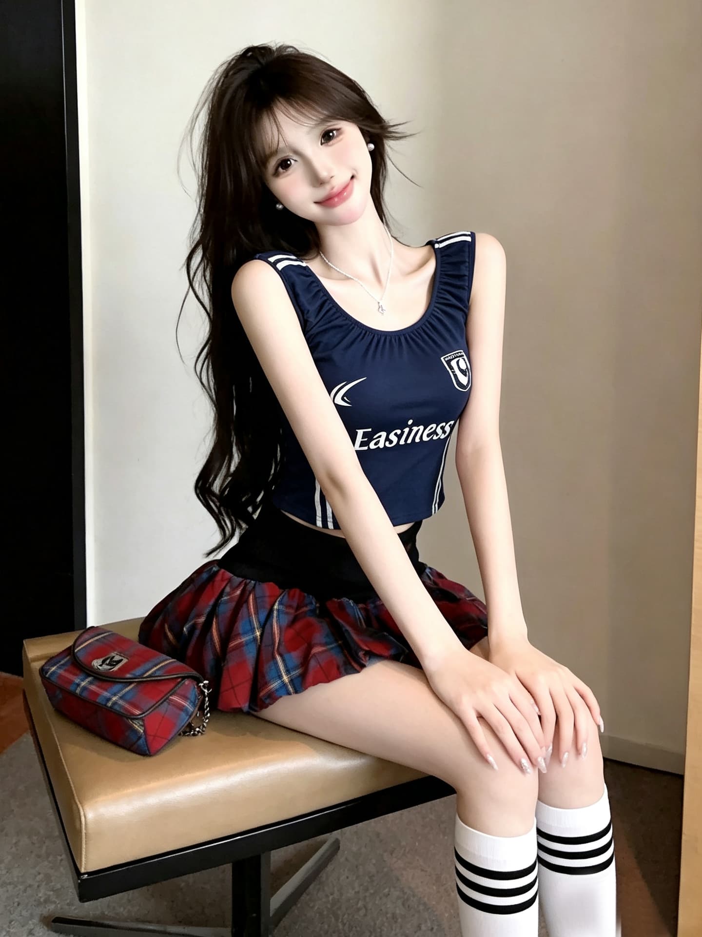 정가 작은 키 스트라이프 알파벳 프린트 조끼 맨위 하이웨이스트 알파벳 자수 체크무늬 꽃밭 미니 스커트 세트 이미지 5