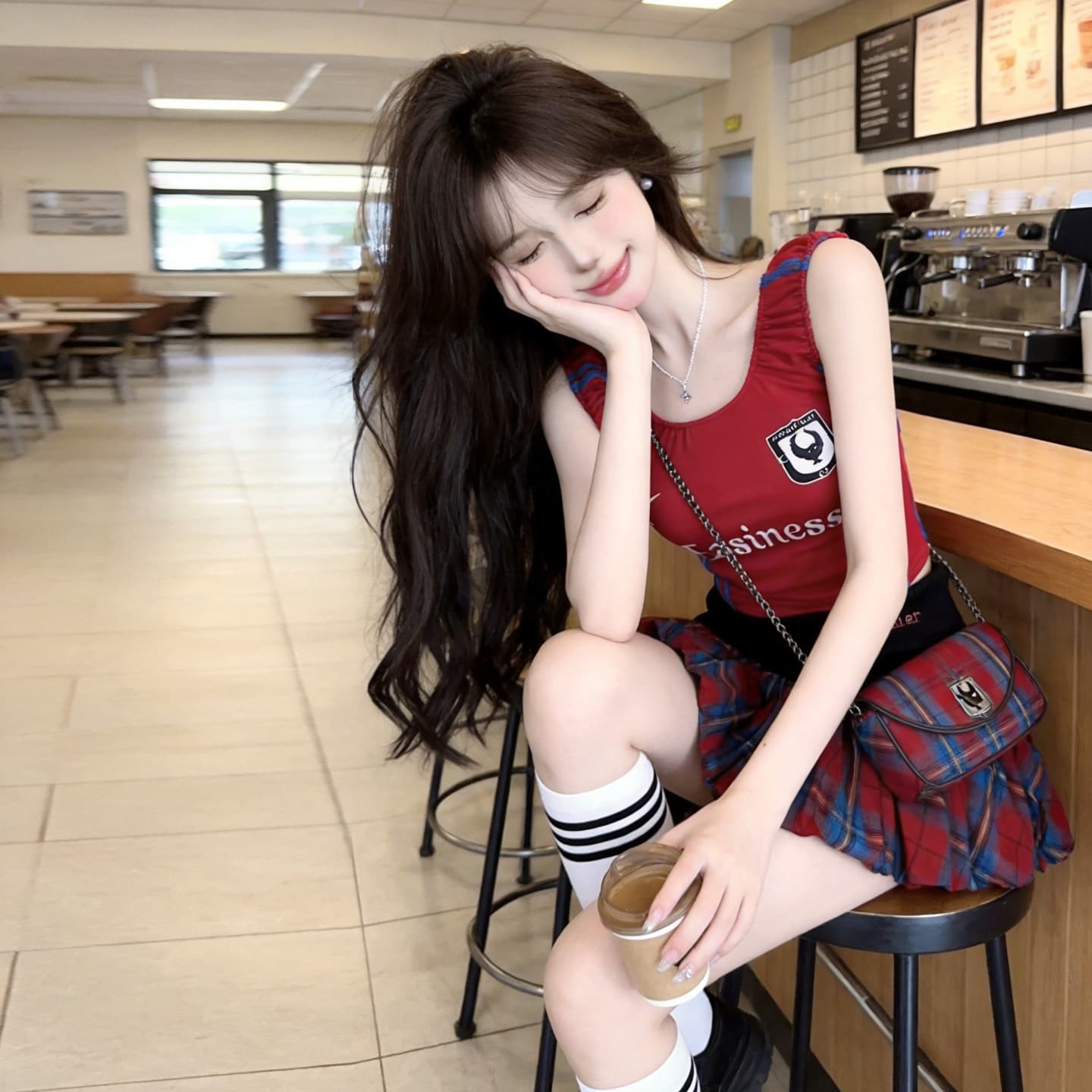 정가 작은 키 스트라이프 알파벳 프린트 조끼 맨위 하이웨이스트 알파벳 자수 체크무늬 꽃밭 미니 스커트 세트 상세 이미지 14