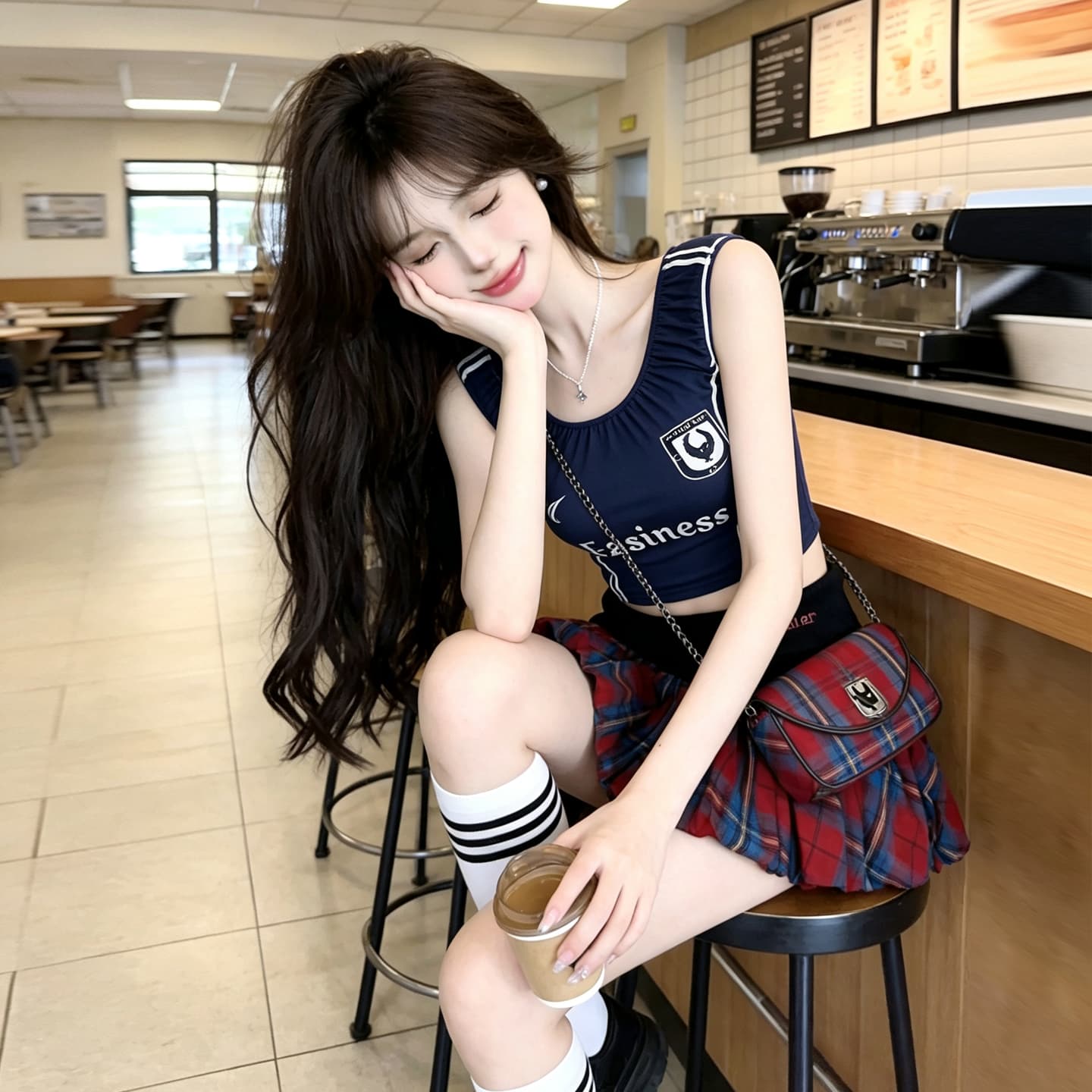 정가 작은 키 스트라이프 알파벳 프린트 조끼 맨위 하이웨이스트 알파벳 자수 체크무늬 꽃밭 미니 스커트 세트 상세 이미지 24