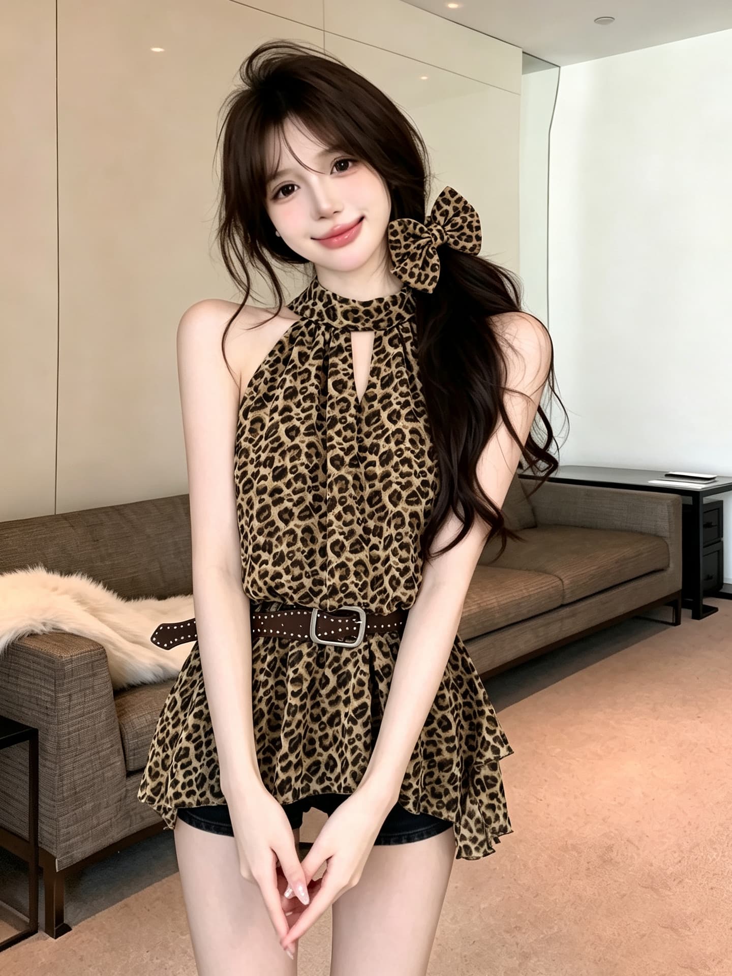 정가 순수한 욕망 핫걸 레이스업 행침 목 레오파드 무늬 민소매 쉬폰 셔츠 허리 수축 프릴 도트 무늬 조끼 맨위 이미지 2