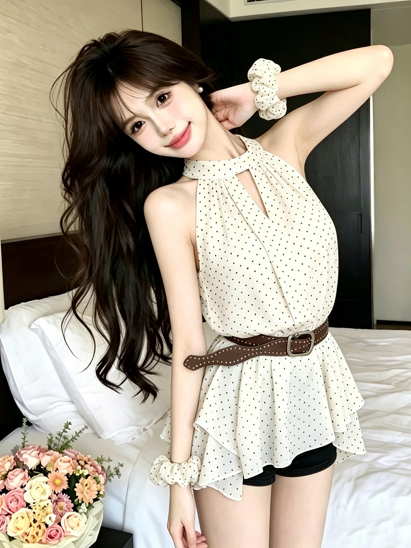 정가 순수한 욕망 핫걸 레이스업 행침 목 레오파드 무늬 민소매 쉬폰 셔츠 허리 수축 프릴 도트 무늬 조끼 맨위 이미지 5