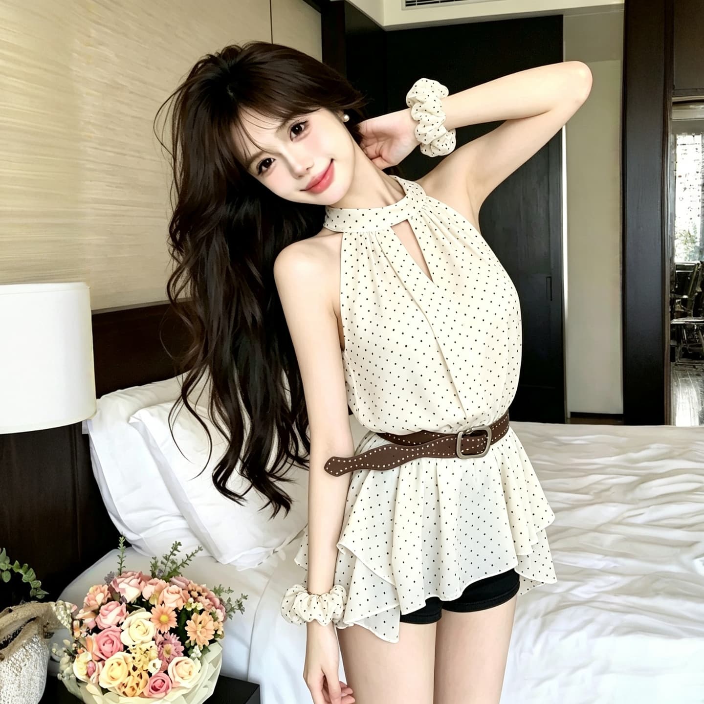 정가 순수한 욕망 핫걸 레이스업 행침 목 레오파드 무늬 민소매 쉬폰 셔츠 허리 수축 프릴 도트 무늬 조끼 맨위 상세 이미지 11