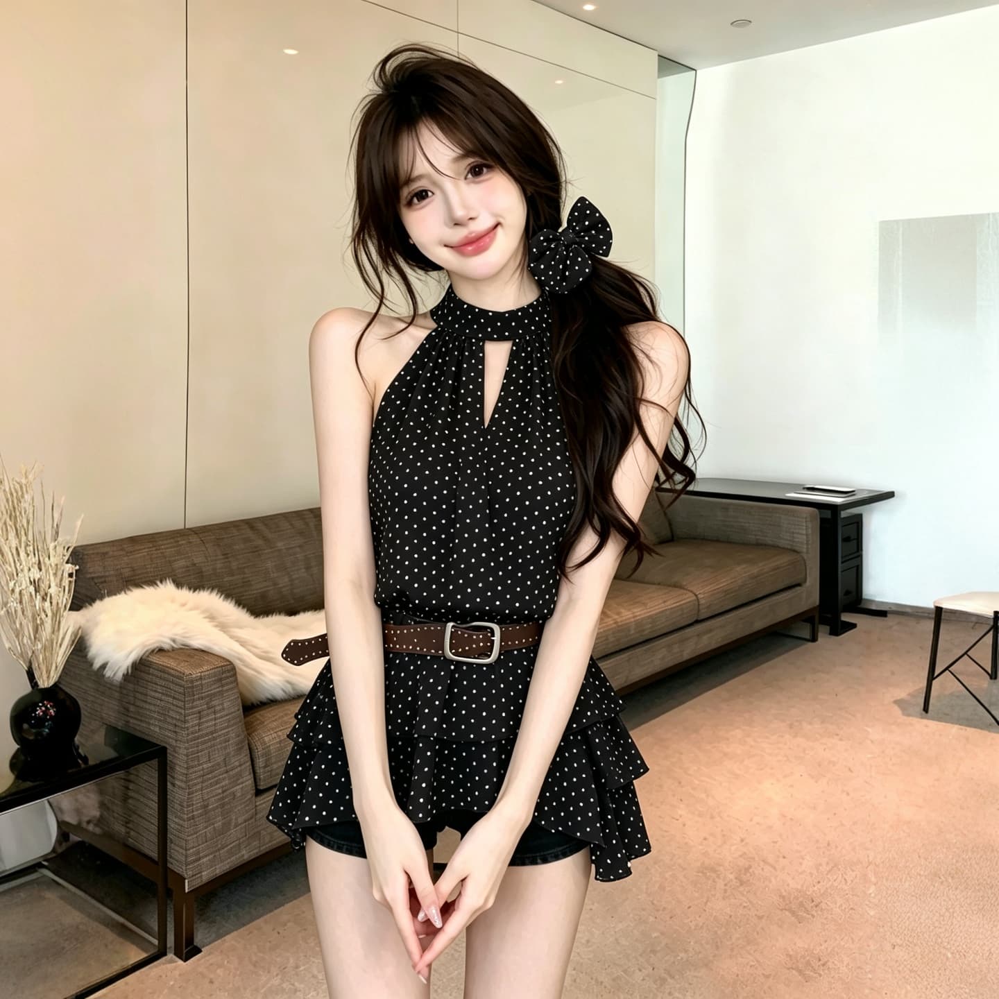 정가 순수한 욕망 핫걸 레이스업 행침 목 레오파드 무늬 민소매 쉬폰 셔츠 허리 수축 프릴 도트 무늬 조끼 맨위 상세 이미지 17
