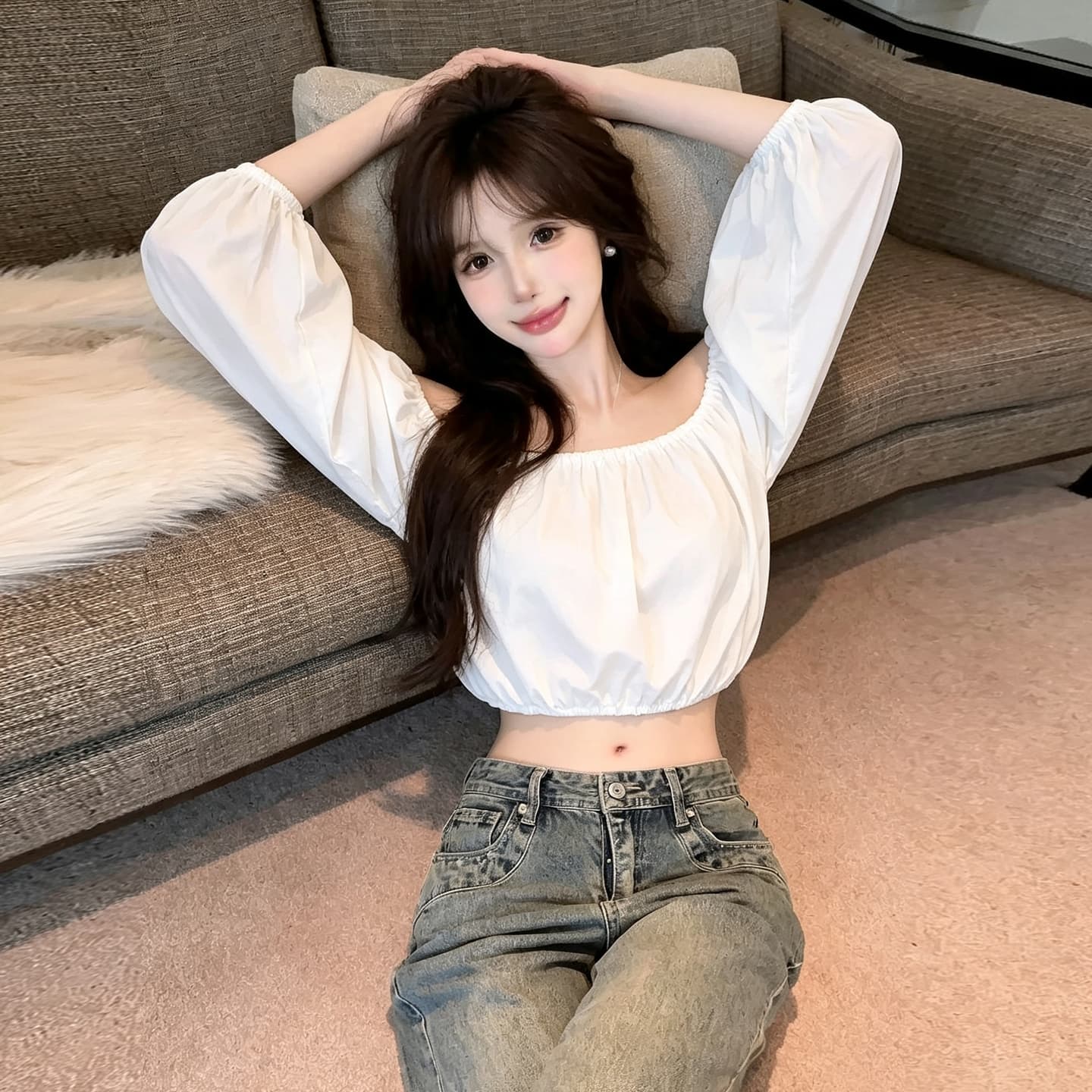 실사 섹시함 순수한 욕망 핫걸 보트넥 오프숄더 레오파드 무늬 쉬폰 블라우스 쇼트 스타일 이슬 뼈의 벌룬 소매 도트 무늬 맨위 상세 이미지 29
