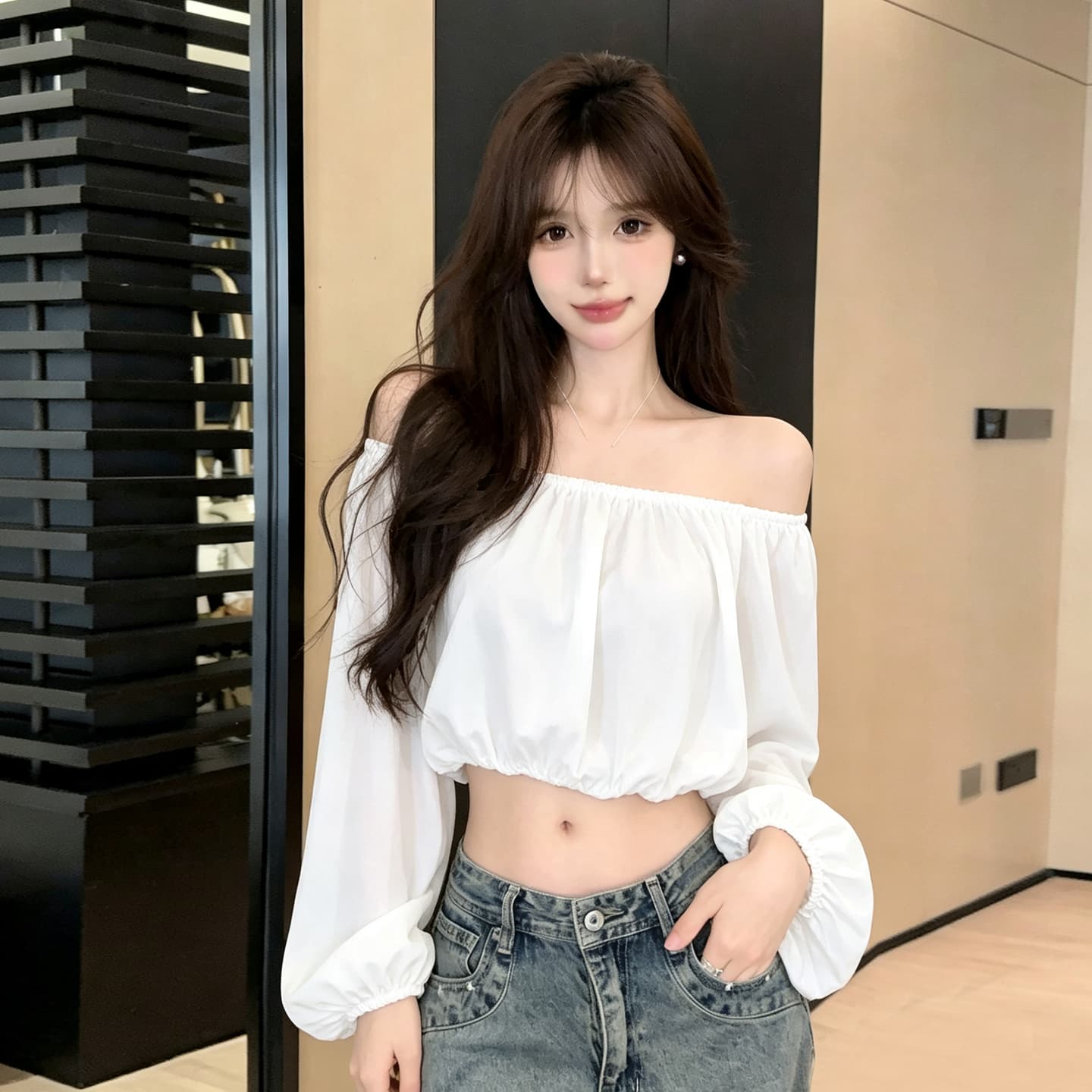 실사 섹시함 순수한 욕망 핫걸 보트넥 오프숄더 레오파드 무늬 쉬폰 블라우스 쇼트 스타일 이슬 뼈의 벌룬 소매 도트 무늬 맨위 상세 이미지 31