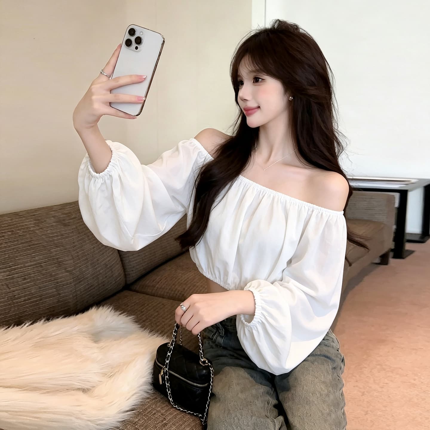 실사 섹시함 순수한 욕망 핫걸 보트넥 오프숄더 레오파드 무늬 쉬폰 블라우스 쇼트 스타일 이슬 뼈의 벌룬 소매 도트 무늬 맨위 상세 이미지 32