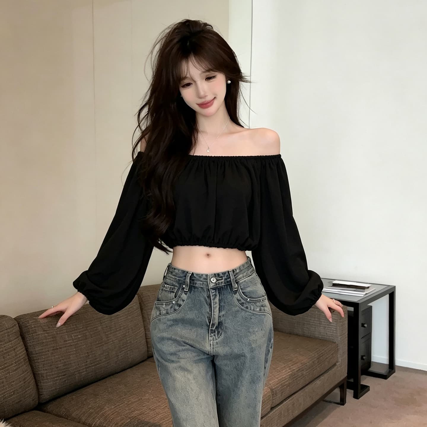 실사 섹시함 순수한 욕망 핫걸 보트넥 오프숄더 레오파드 무늬 쉬폰 블라우스 쇼트 스타일 이슬 뼈의 벌룬 소매 도트 무늬 맨위 상세 이미지 36