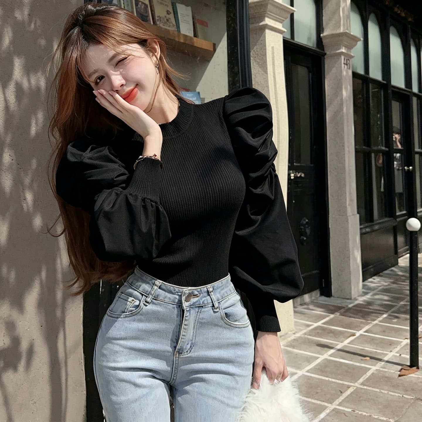 정가 레트로 외국 가스 거품 소매 니트 기본 셔츠 여성 일본과 한국 캐주얼 느긋한 바람 단색 쇼트 스타일 긴팔 맨위 상세 이미지 4