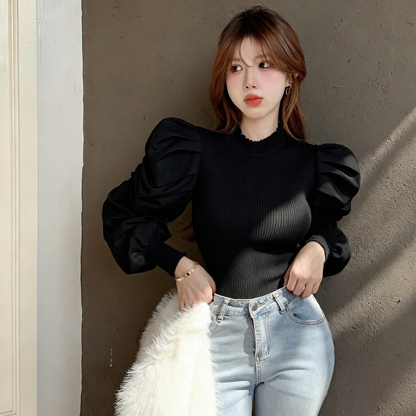 정가 레트로 외국 가스 거품 소매 니트 기본 셔츠 여성 일본과 한국 캐주얼 느긋한 바람 단색 쇼트 스타일 긴팔 맨위 상세 이미지 5