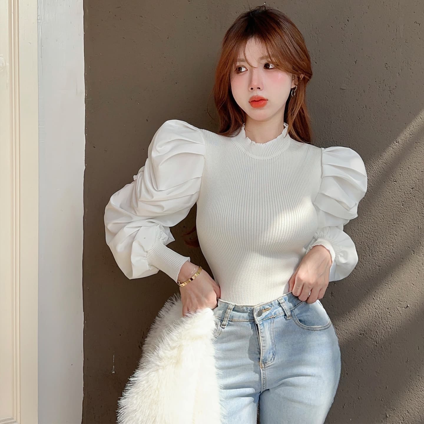정가 레트로 외국 가스 거품 소매 니트 기본 셔츠 여성 일본과 한국 캐주얼 느긋한 바람 단색 쇼트 스타일 긴팔 맨위 상세 이미지 10