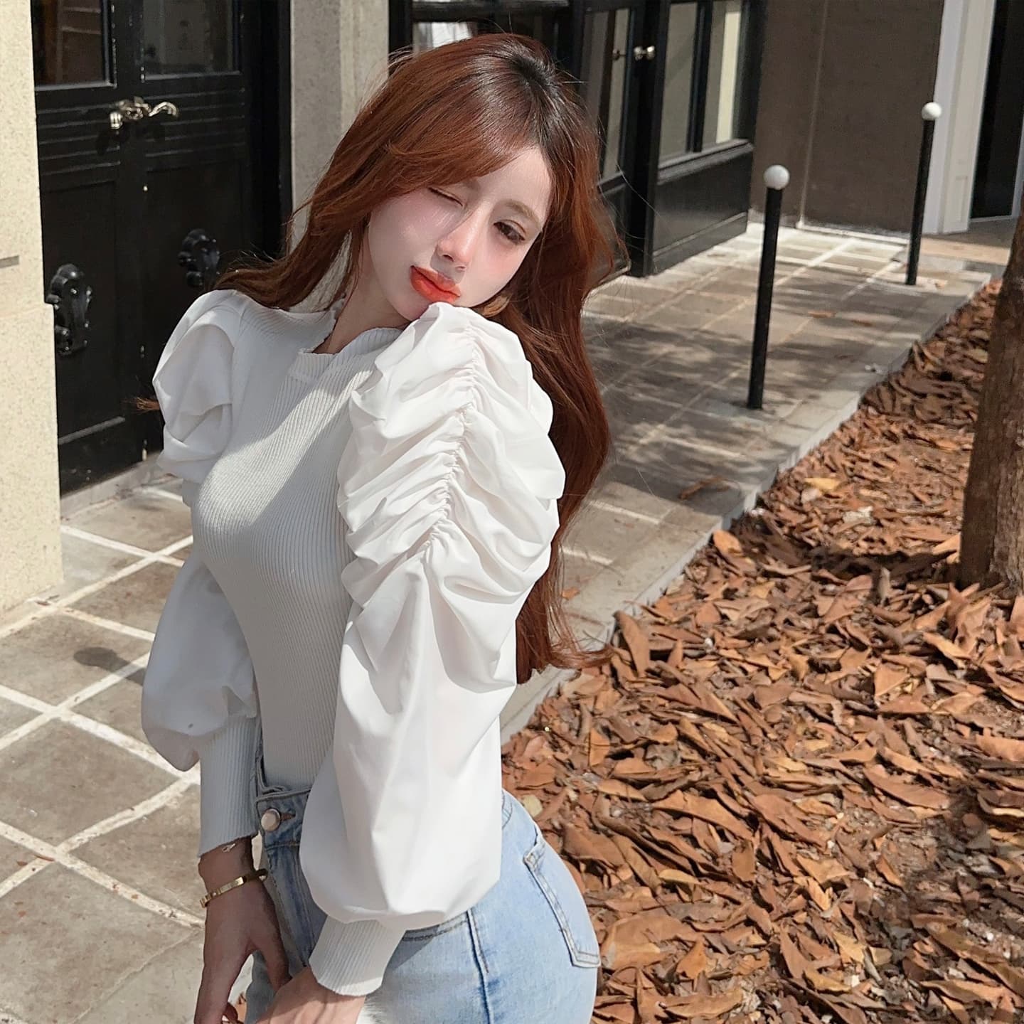 정가 레트로 외국 가스 거품 소매 니트 기본 셔츠 여성 일본과 한국 캐주얼 느긋한 바람 단색 쇼트 스타일 긴팔 맨위 상세 이미지 15