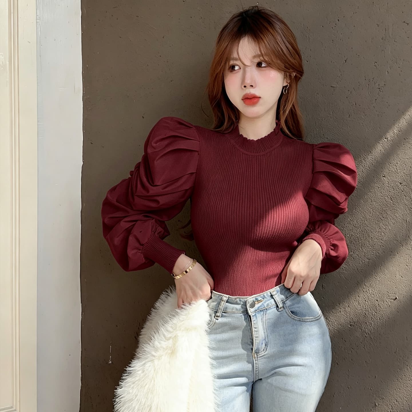 정가 레트로 외국 가스 거품 소매 니트 기본 셔츠 여성 일본과 한국 캐주얼 느긋한 바람 단색 쇼트 스타일 긴팔 맨위 상세 이미지 20