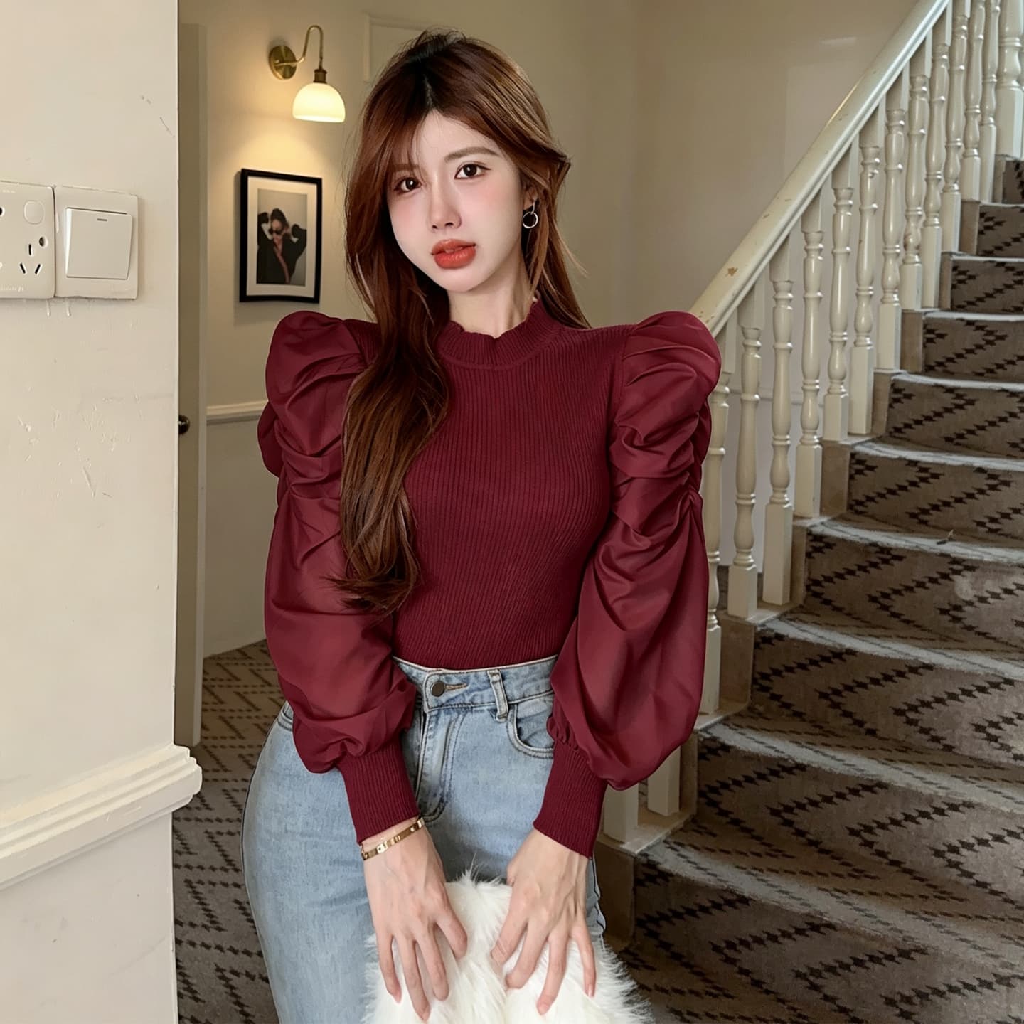 정가 레트로 외국 가스 거품 소매 니트 기본 셔츠 여성 일본과 한국 캐주얼 느긋한 바람 단색 쇼트 스타일 긴팔 맨위 상세 이미지 22