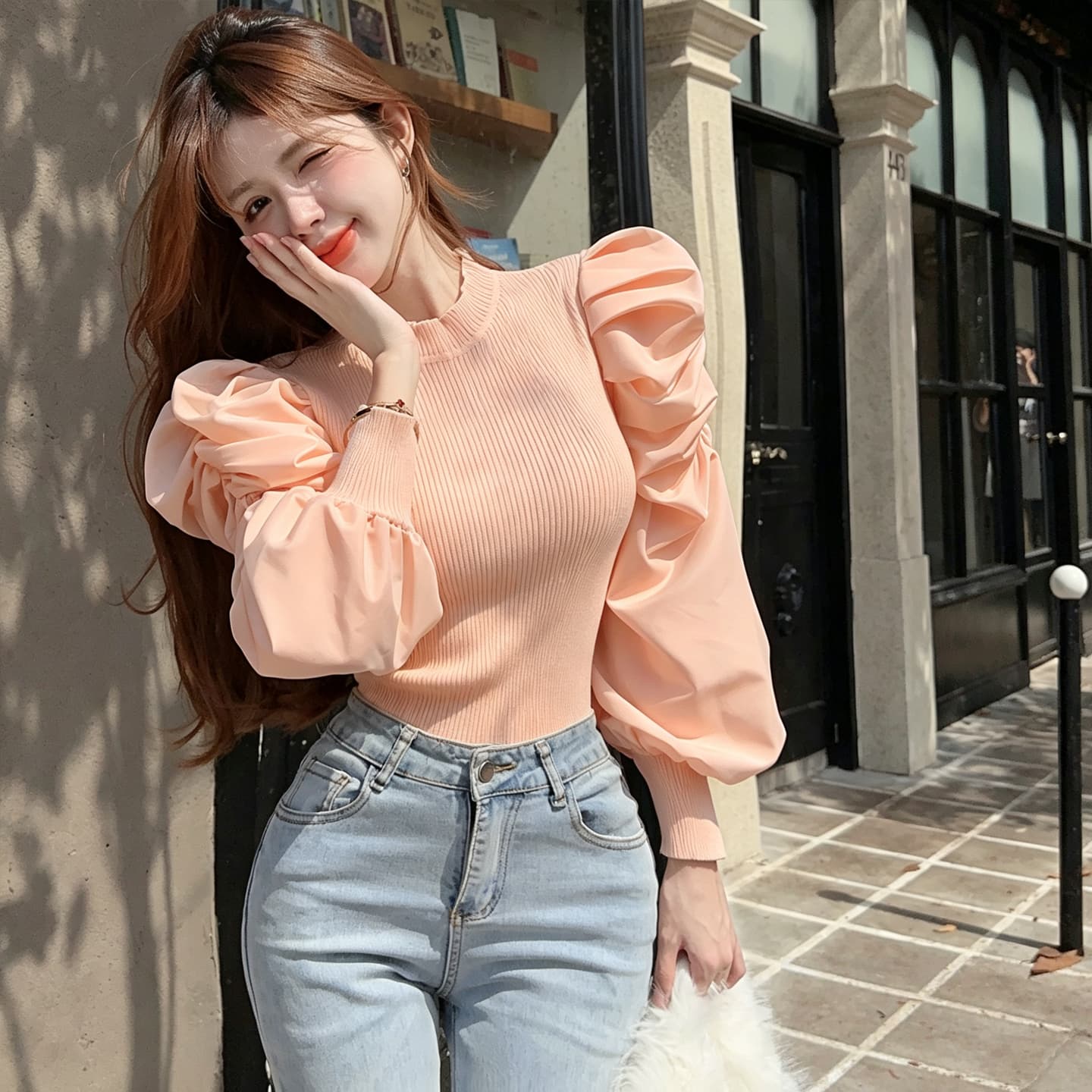 정가 레트로 외국 가스 거품 소매 니트 기본 셔츠 여성 일본과 한국 캐주얼 느긋한 바람 단색 쇼트 스타일 긴팔 맨위 상세 이미지 24