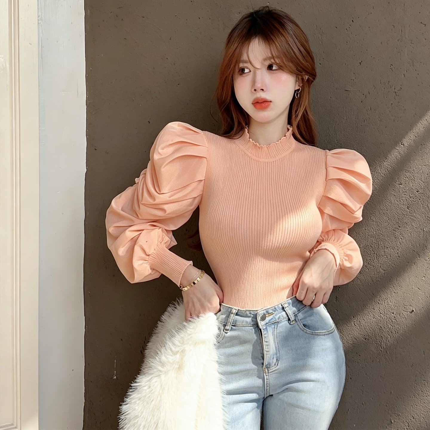 정가 레트로 외국 가스 거품 소매 니트 기본 셔츠 여성 일본과 한국 캐주얼 느긋한 바람 단색 쇼트 스타일 긴팔 맨위 상세 이미지 25