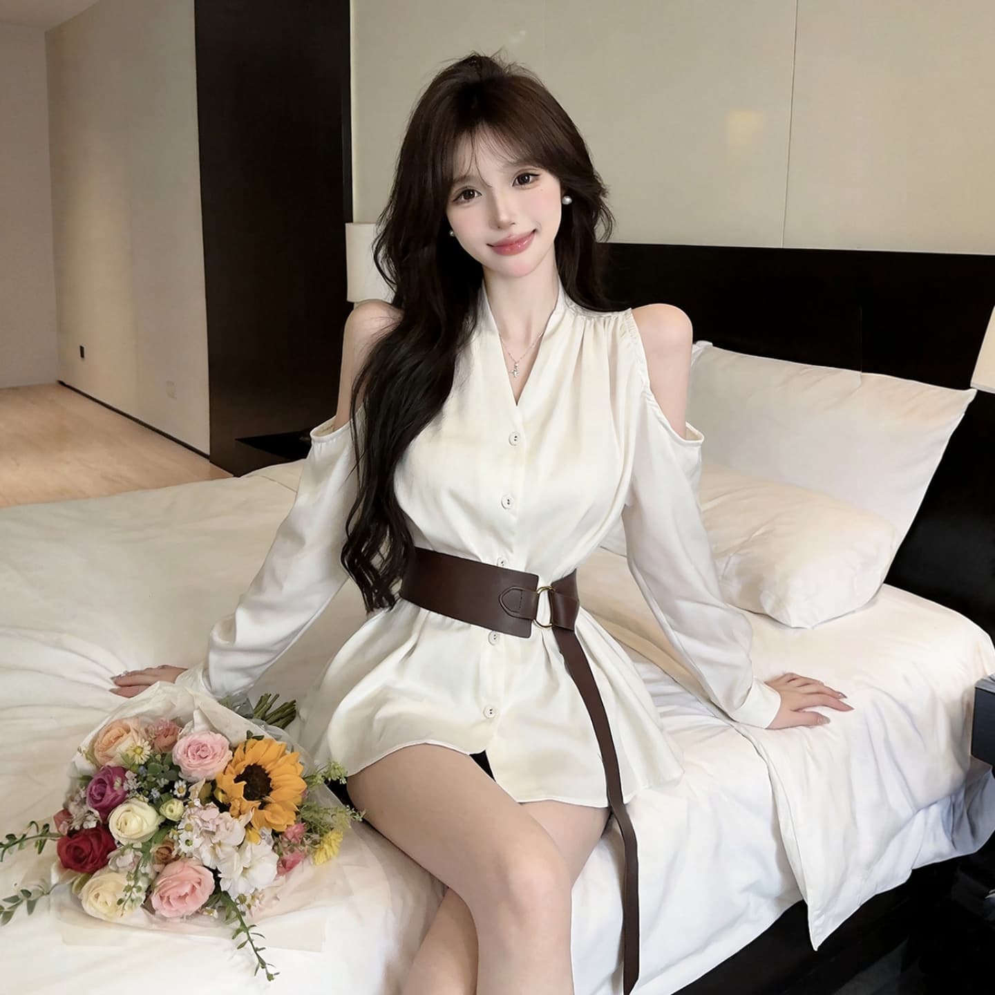정가 순수한 욕망 핫걸 섹시함 홀로우 아웃 오프숄더 긴팔 셔츠 프랑스식 V넥 루즈핏 허리 수축 슬림해 보이는 셔츠 맨위 상세 이미지 10