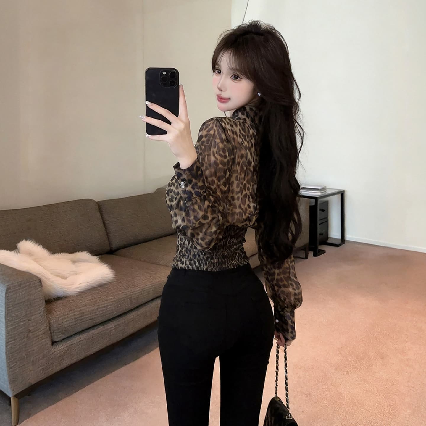 정가 섹시함 순수한 욕망 핫걸 V넥 레오파드 무늬 허리 수축 슬림해 보이는 셔츠 맨위 휴가 바람 긴팔 쉬폰 블라우스 셔츠 상세 이미지 2