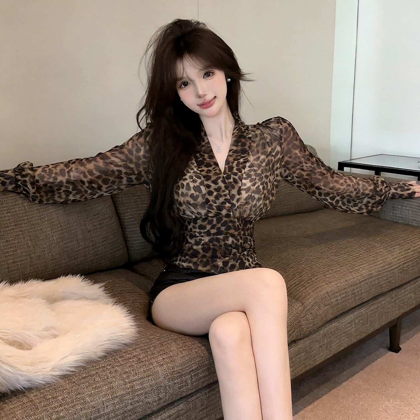 정가 섹시함 순수한 욕망 핫걸 V넥 레오파드 무늬 허리 수축 슬림해 보이는 셔츠 맨위 휴가 바람 긴팔 쉬폰 블라우스 셔츠 상세 이미지 4