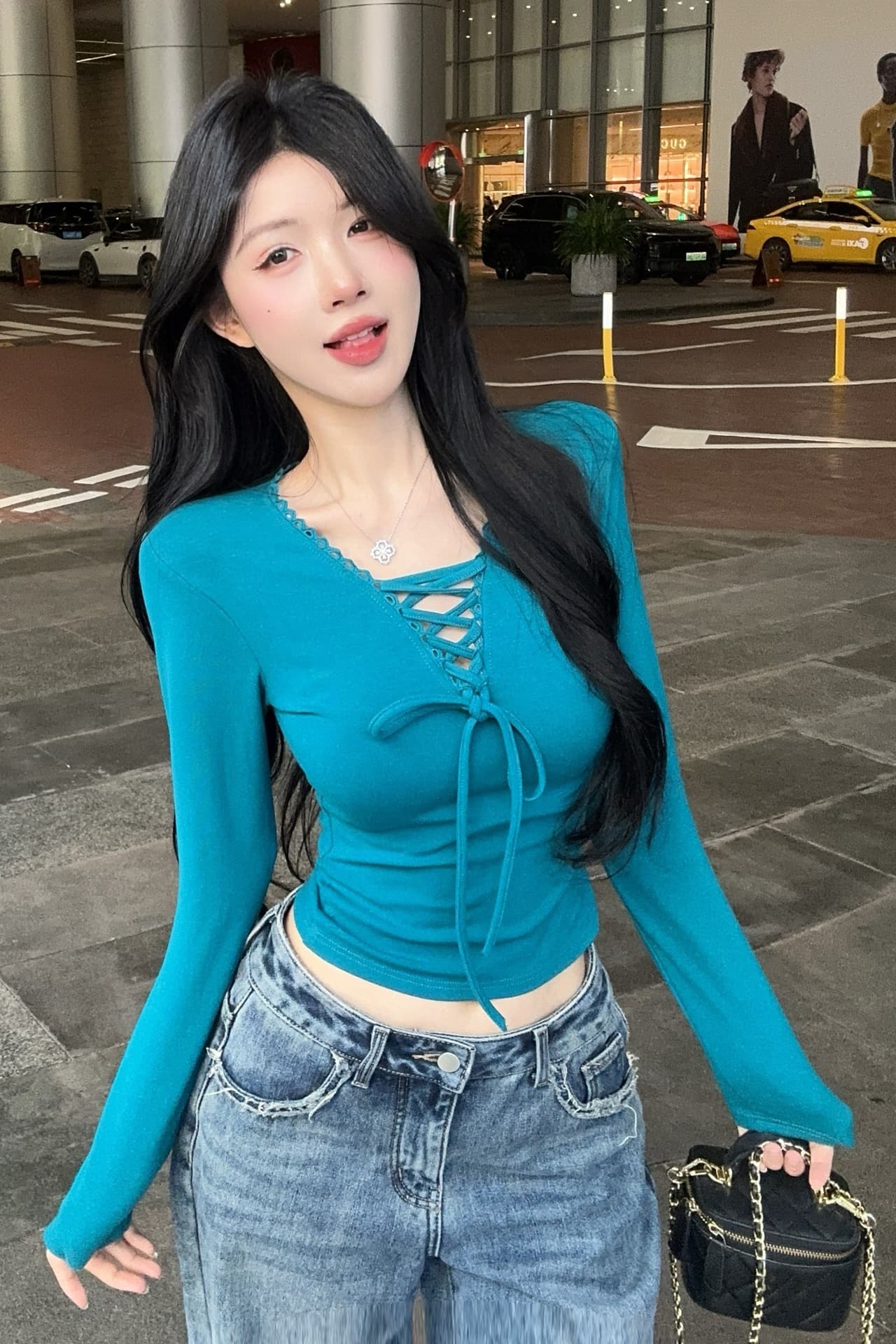 정가 순수한 욕망 핫걸 V넥 레이스업 긴팔 티셔츠 가을 겨울 몸매 가꾸기 슬림해 보이는 기본 셔츠 캐주얼 니트 맨위 이미지 7