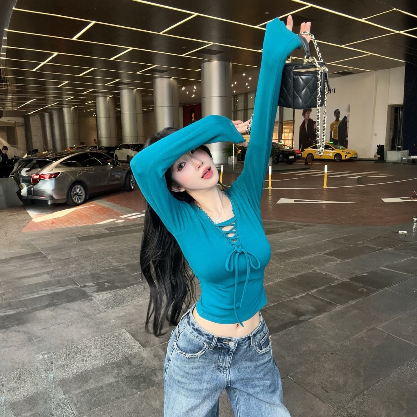 정가 순수한 욕망 핫걸 V넥 레이스업 긴팔 티셔츠 가을 겨울 몸매 가꾸기 슬림해 보이는 기본 셔츠 캐주얼 니트 맨위 상세 이미지 6