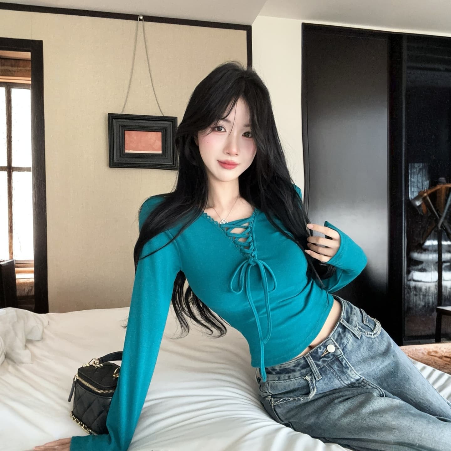 정가 순수한 욕망 핫걸 V넥 레이스업 긴팔 티셔츠 가을 겨울 몸매 가꾸기 슬림해 보이는 기본 셔츠 캐주얼 니트 맨위 상세 이미지 8