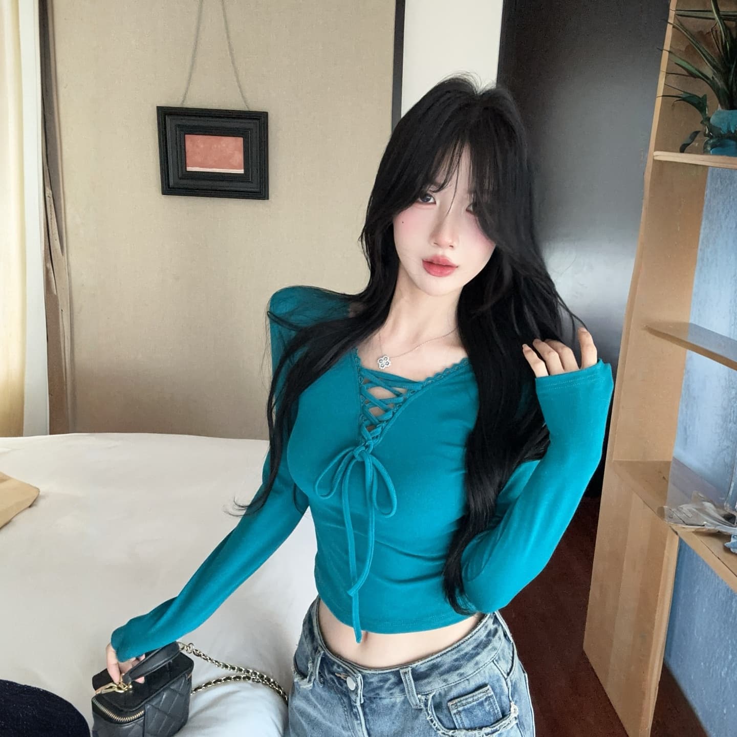 정가 순수한 욕망 핫걸 V넥 레이스업 긴팔 티셔츠 가을 겨울 몸매 가꾸기 슬림해 보이는 기본 셔츠 캐주얼 니트 맨위 상세 이미지 9