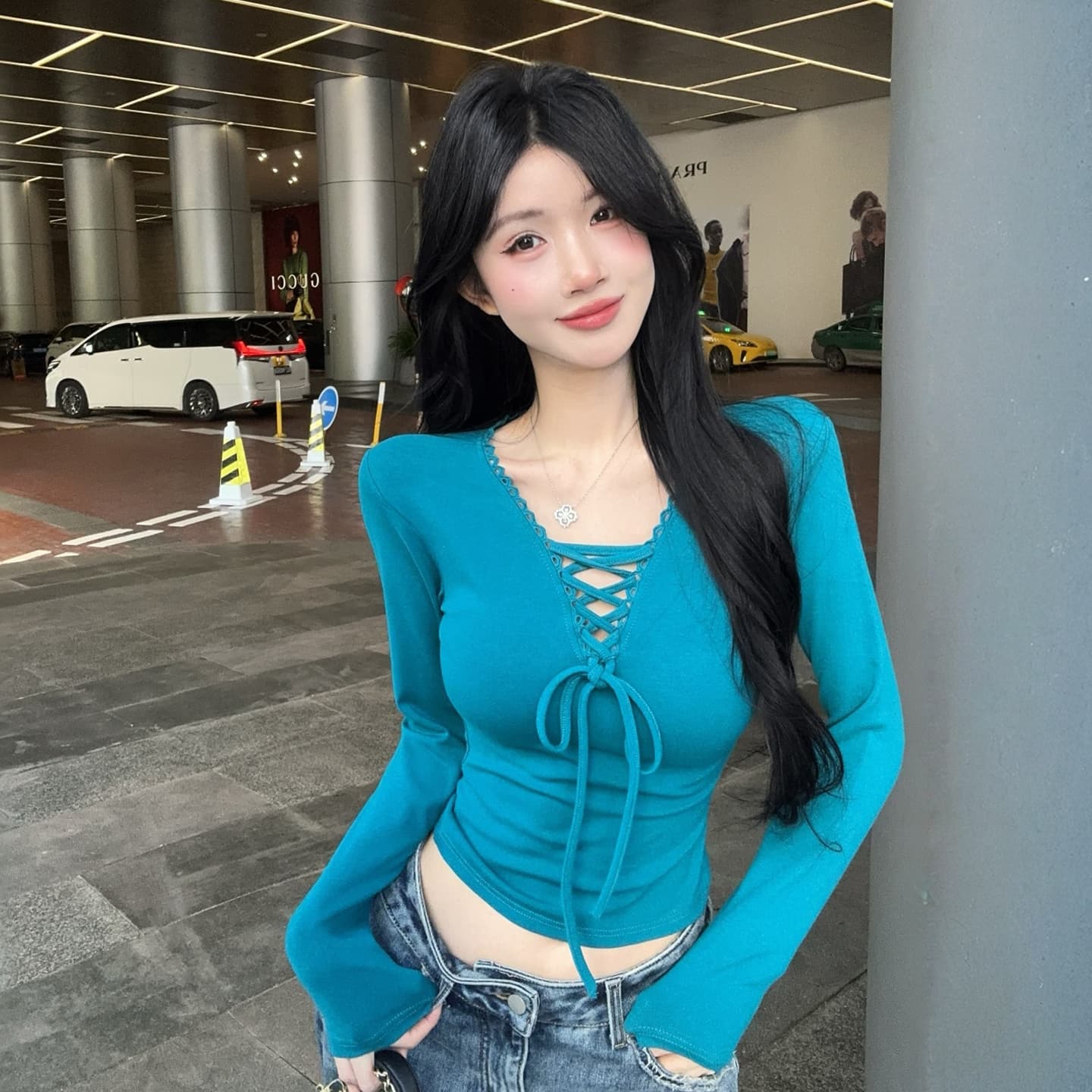 정가 순수한 욕망 핫걸 V넥 레이스업 긴팔 티셔츠 가을 겨울 몸매 가꾸기 슬림해 보이는 기본 셔츠 캐주얼 니트 맨위 상세 이미지 10
