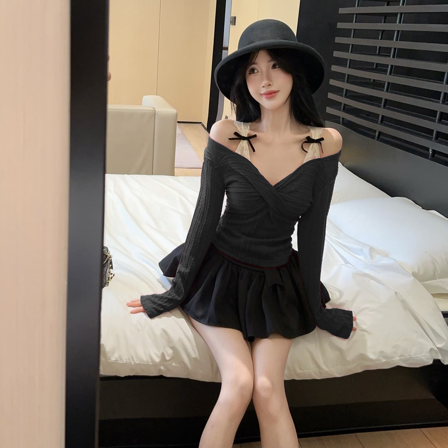 정가 섹시함 핫걸 이슬 쇄골 긴팔 티셔츠 레이스 레이스 나비 매듭 슬립 맨위 빨간색 기본 셔츠 상세 이미지 14