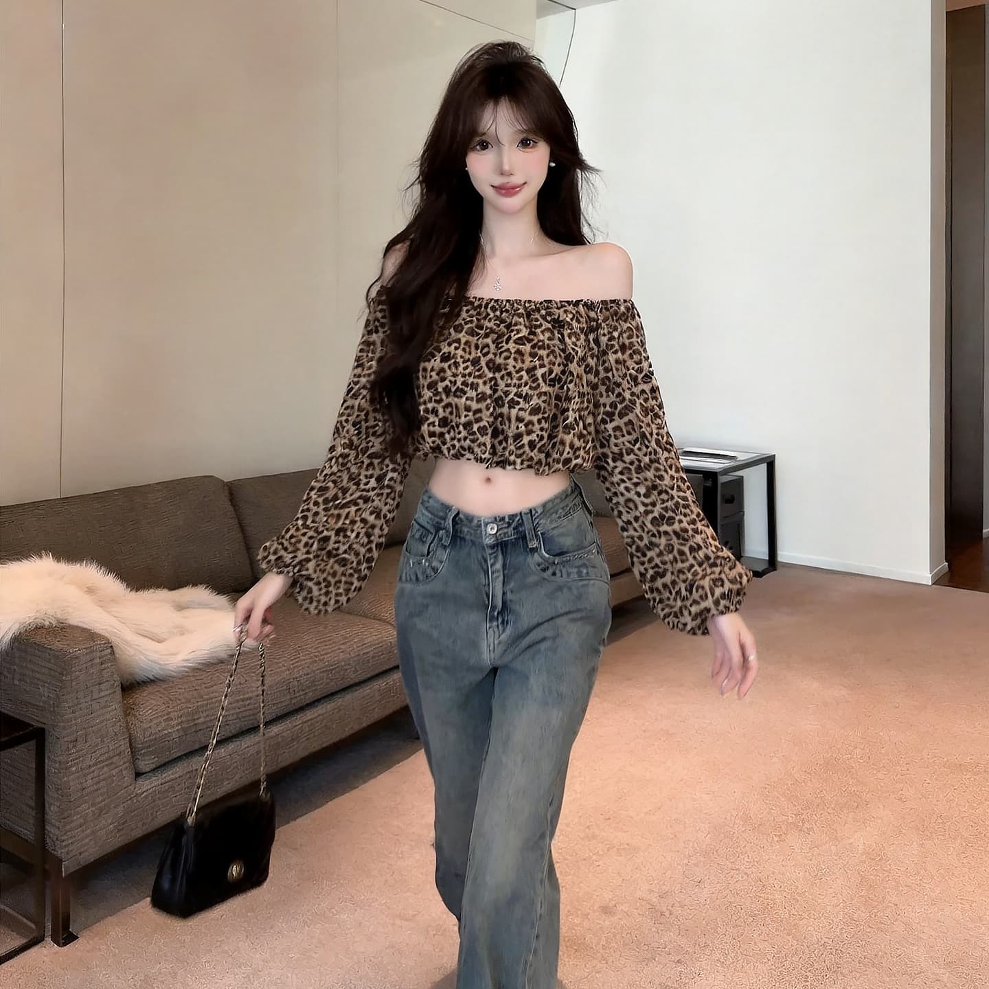 실사 섹시함 순수한 욕망 핫걸 보트넥 오프숄더 레오파드 무늬 쉬폰 블라우스 쇼트 스타일 이슬 뼈의 벌룬 소매 도트 무늬 맨위 상세 이미지 14