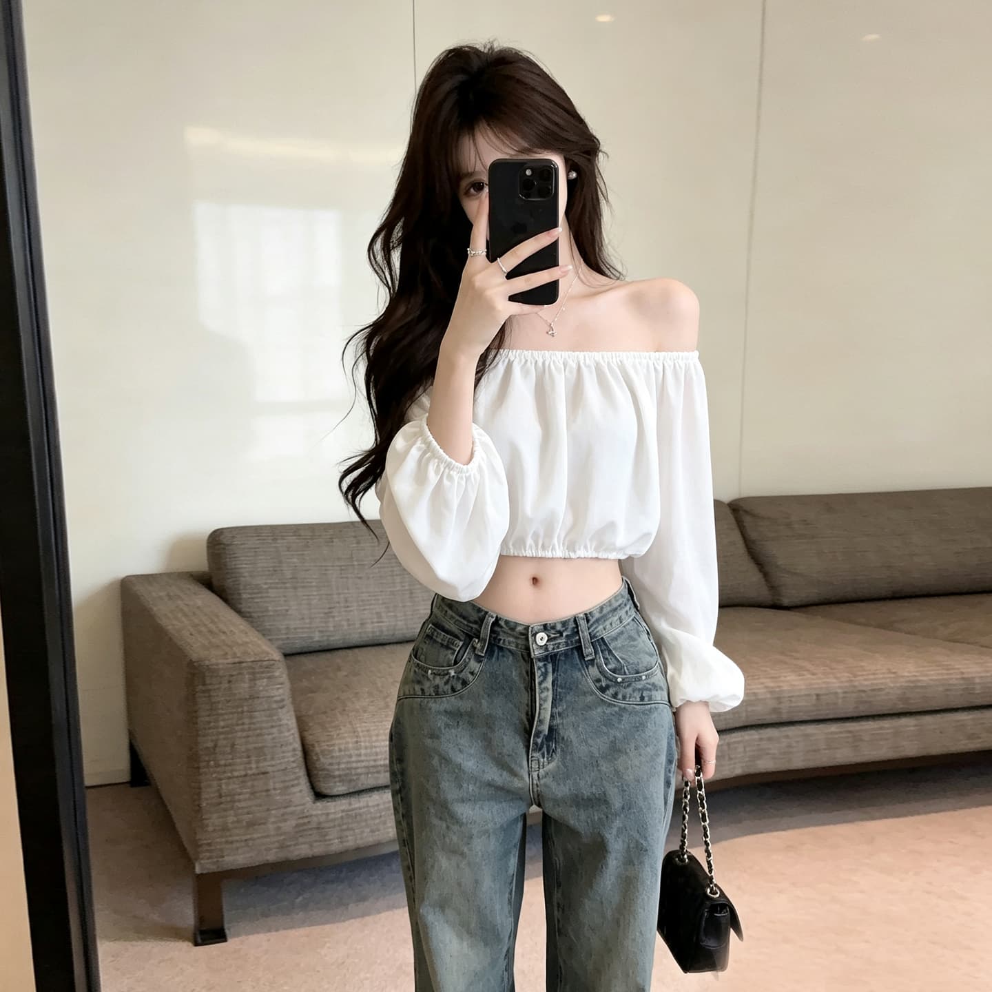 실사 섹시함 순수한 욕망 핫걸 보트넥 오프숄더 레오파드 무늬 쉬폰 블라우스 쇼트 스타일 이슬 뼈의 벌룬 소매 도트 무늬 맨위 상세 이미지 32
