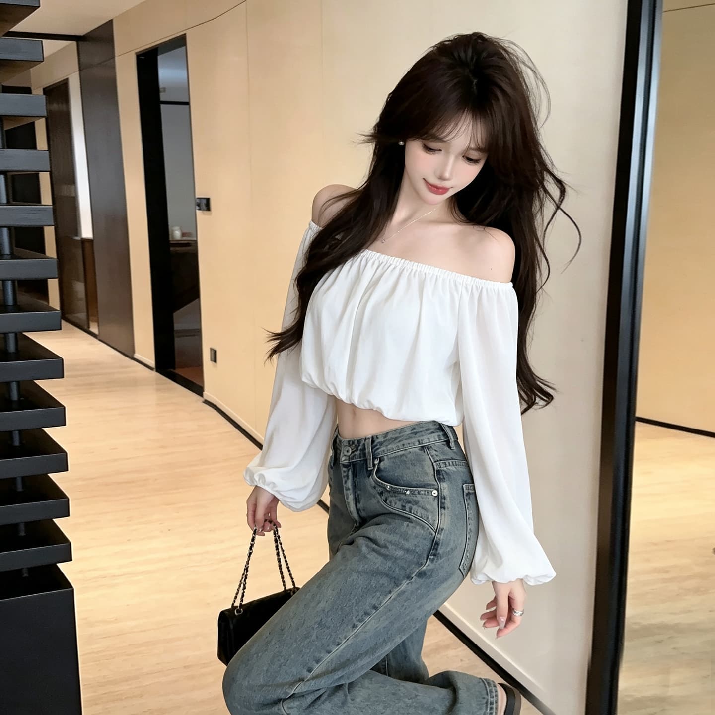 실사 섹시함 순수한 욕망 핫걸 보트넥 오프숄더 레오파드 무늬 쉬폰 블라우스 쇼트 스타일 이슬 뼈의 벌룬 소매 도트 무늬 맨위 상세 이미지 33