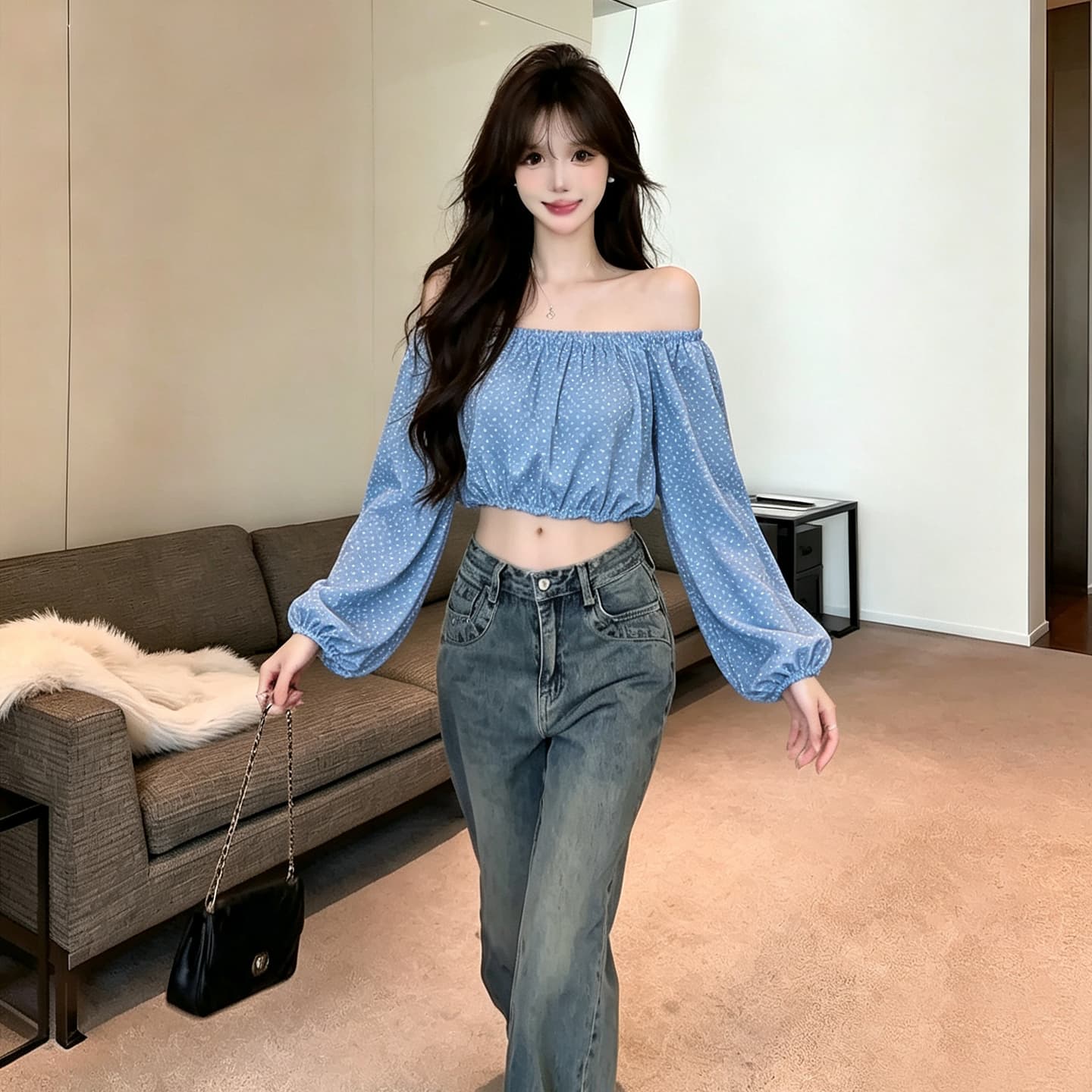 실사 섹시함 순수한 욕망 핫걸 보트넥 오프숄더 레오파드 무늬 쉬폰 블라우스 쇼트 스타일 이슬 뼈의 벌룬 소매 도트 무늬 맨위 상세 이미지 35