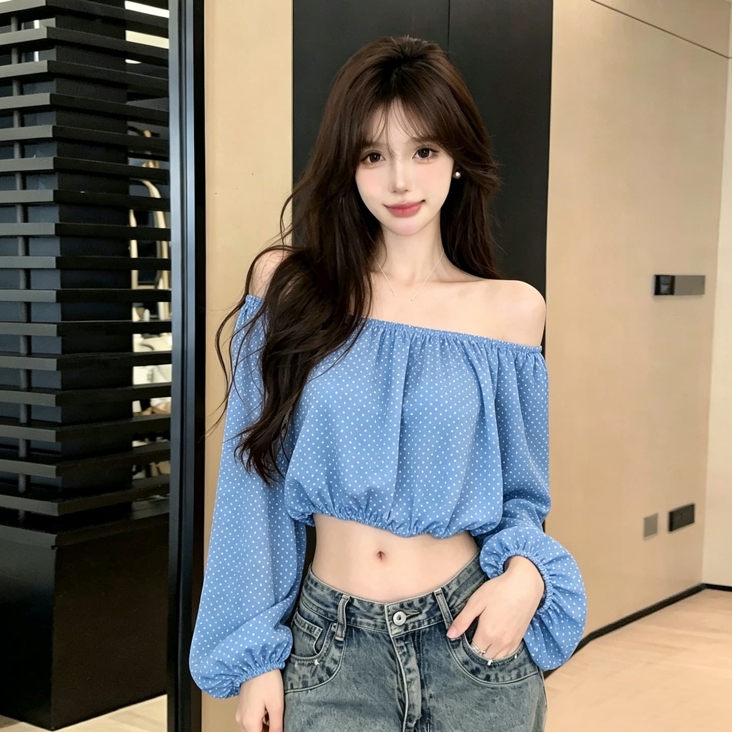 실사 섹시함 순수한 욕망 핫걸 보트넥 오프숄더 레오파드 무늬 쉬폰 블라우스 쇼트 스타일 이슬 뼈의 벌룬 소매 도트 무늬 맨위 상세 이미지 37