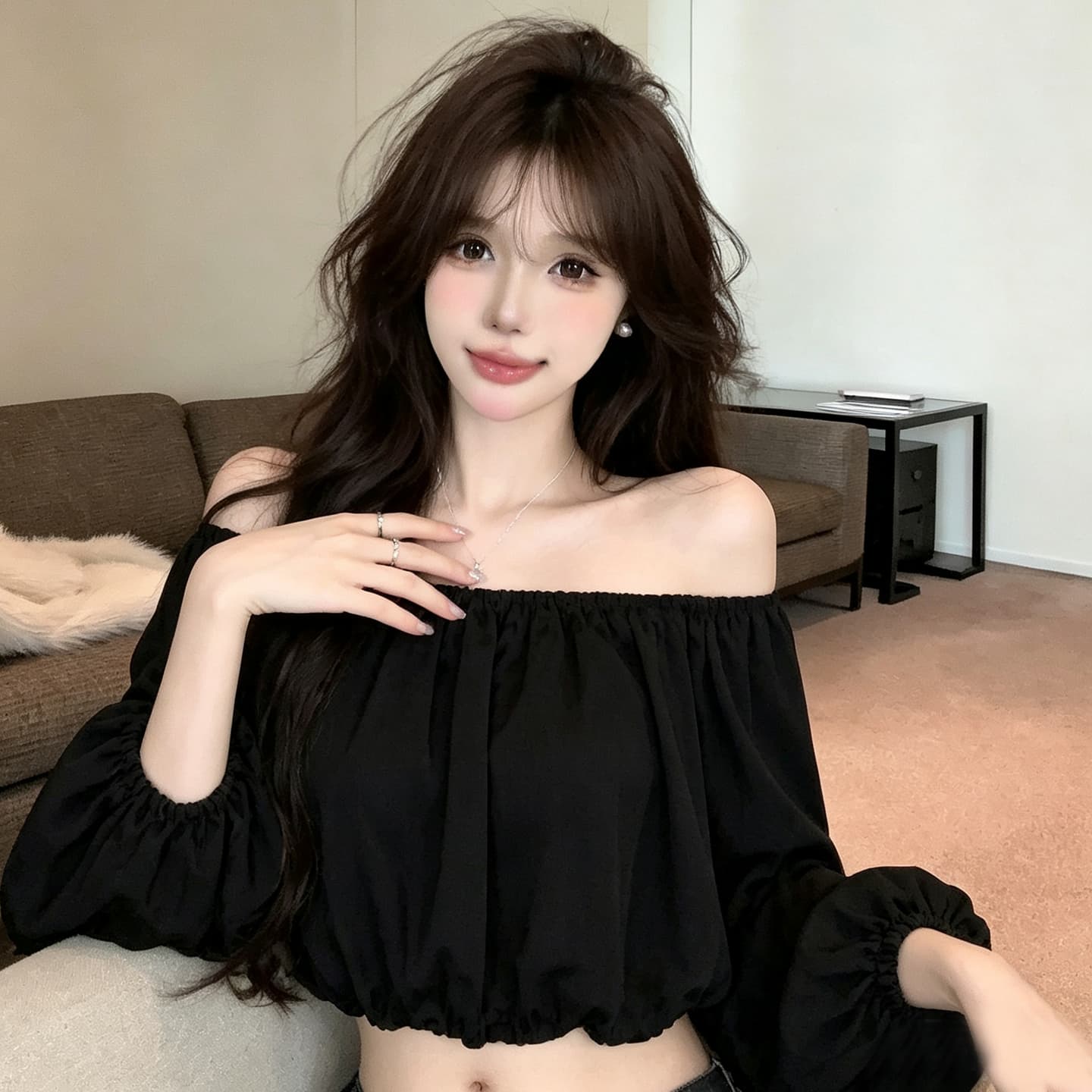실사 섹시함 순수한 욕망 핫걸 보트넥 오프숄더 레오파드 무늬 쉬폰 블라우스 쇼트 스타일 이슬 뼈의 벌룬 소매 도트 무늬 맨위 상세 이미지 40